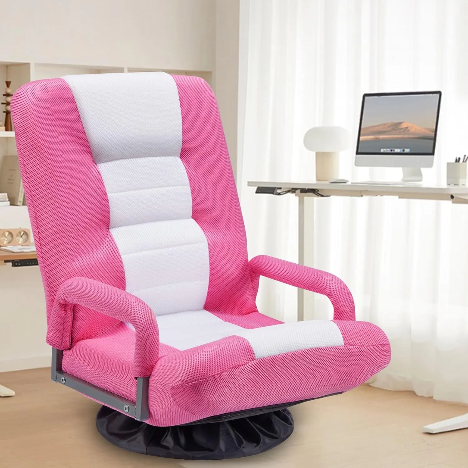 Swivel Floor Gaming Chair w/Armrests,Folding Video Reclining Sofa w/6 Adjustable Position, Padded Backrest & Cushion, Lazy Lounger Couch for E-Sports, Reading, Relaxing, Watching TV, Pink