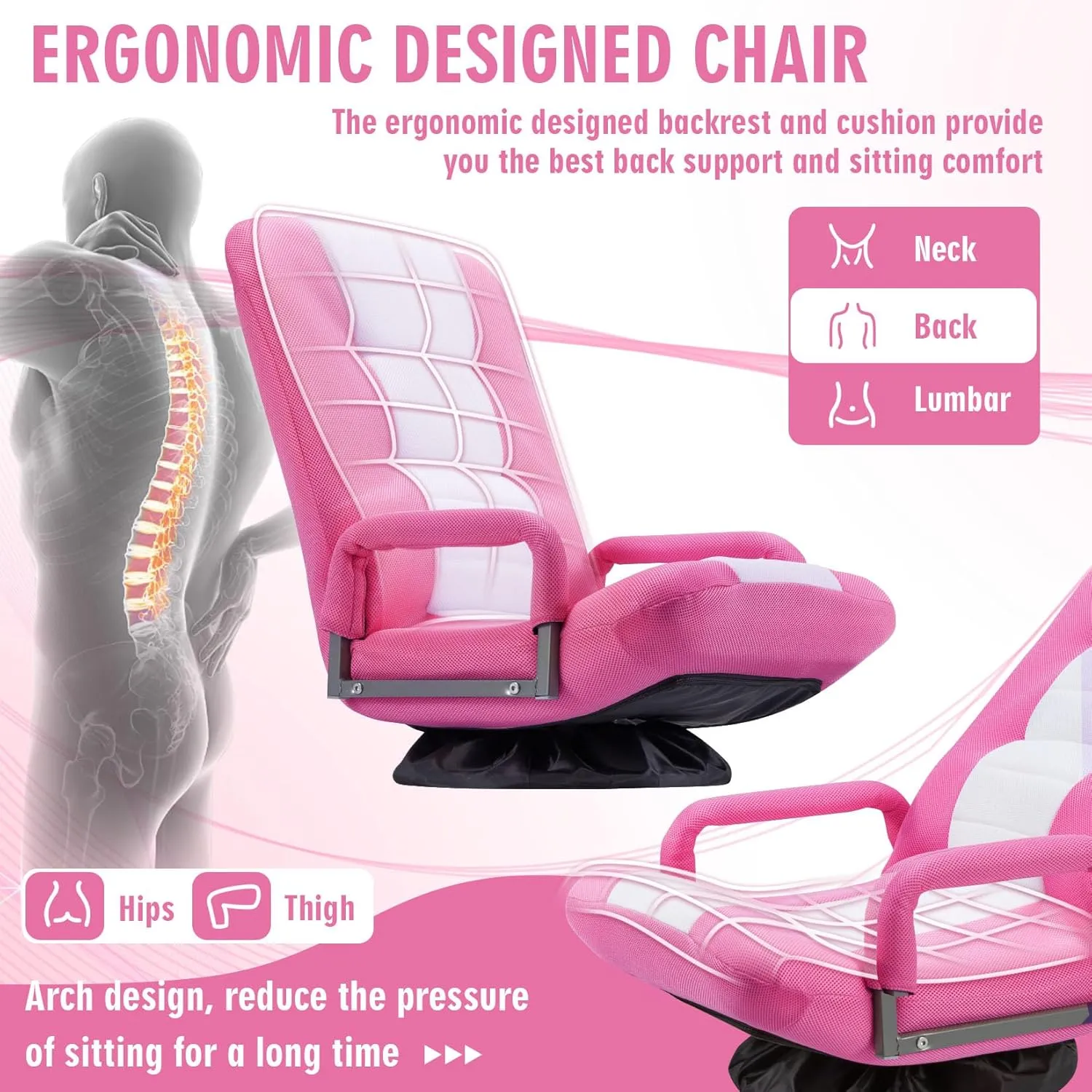 Swivel Floor Gaming Chair w/Armrests,Folding Video Reclining Sofa w/6 Adjustable Position, Padded Backrest & Cushion, Lazy Lounger Couch for E-Sports, Reading, Relaxing, Watching TV, Pink