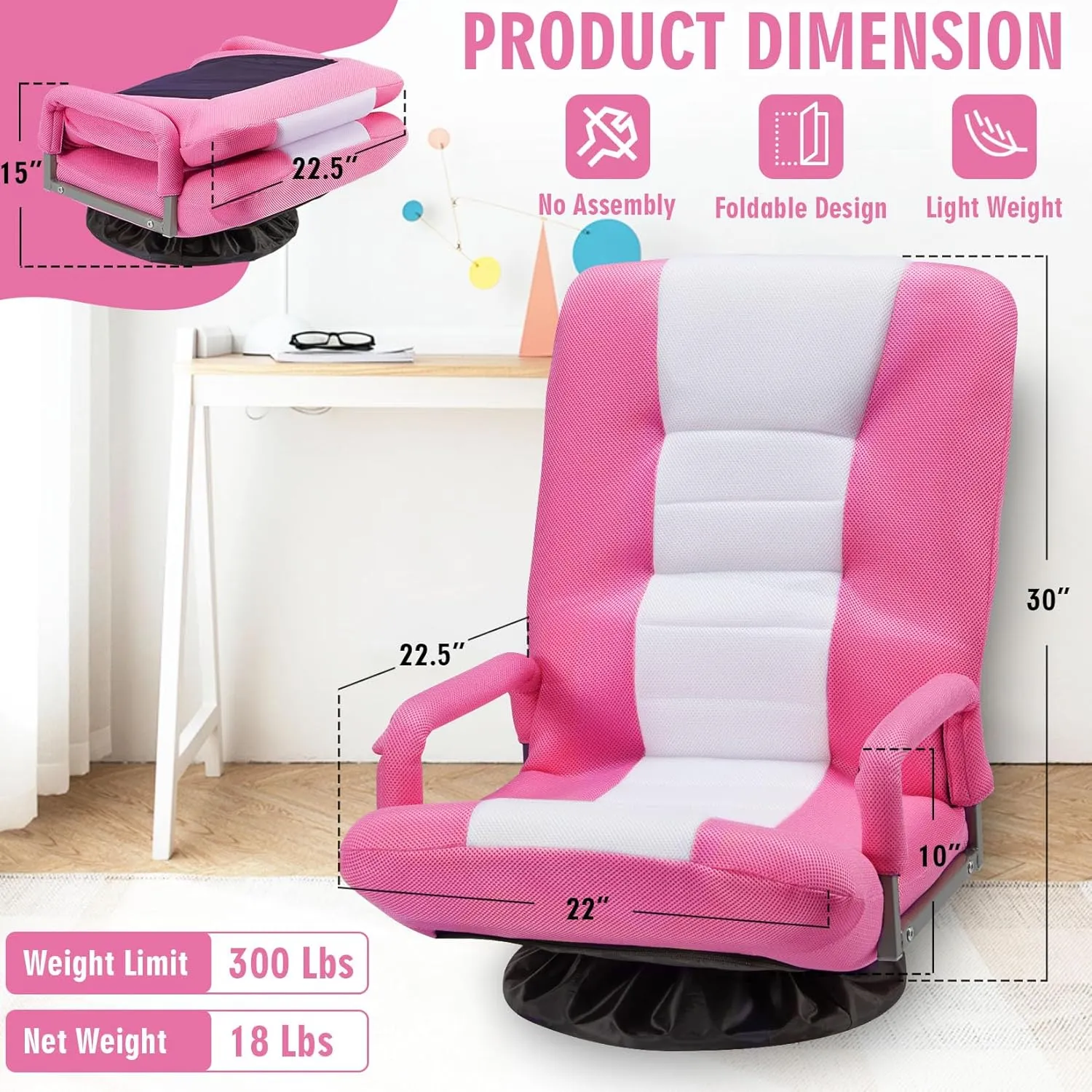 Swivel Floor Gaming Chair w/Armrests,Folding Video Reclining Sofa w/6 Adjustable Position, Padded Backrest & Cushion, Lazy Lounger Couch for E-Sports, Reading, Relaxing, Watching TV, Pink