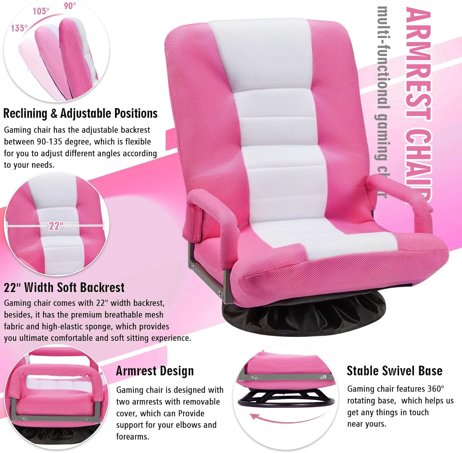 Swivel Floor Gaming Chair w/Armrests,Folding Video Reclining Sofa w/6 Adjustable Position, Padded Backrest & Cushion, Lazy Lounger Couch for E-Sports, Reading, Relaxing, Watching TV, Pink