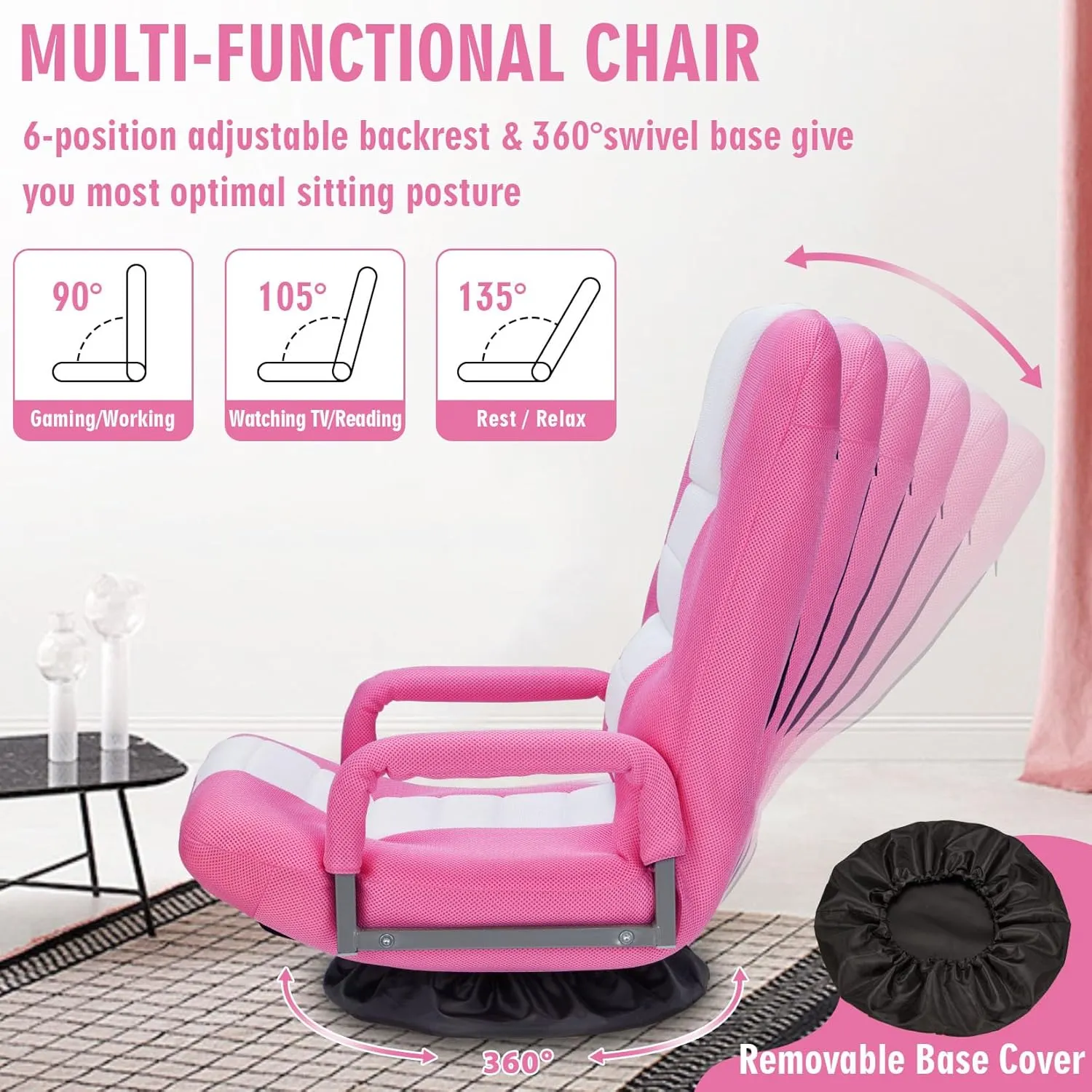 Swivel Floor Gaming Chair w/Armrests,Folding Video Reclining Sofa w/6 Adjustable Position, Padded Backrest & Cushion, Lazy Lounger Couch for E-Sports, Reading, Relaxing, Watching TV, Pink