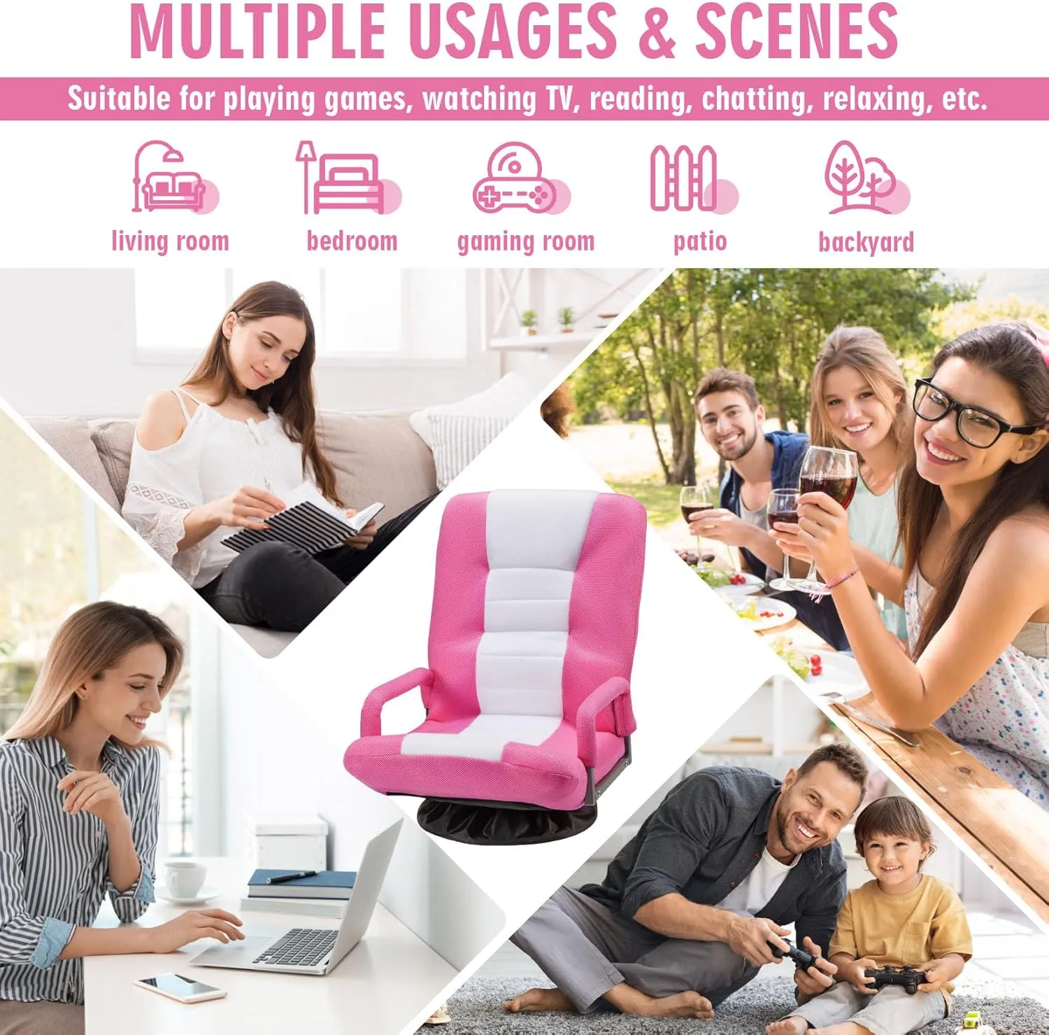 Swivel Floor Gaming Chair w/Armrests,Folding Video Reclining Sofa w/6 Adjustable Position, Padded Backrest & Cushion, Lazy Lounger Couch for E-Sports, Reading, Relaxing, Watching TV, Pink