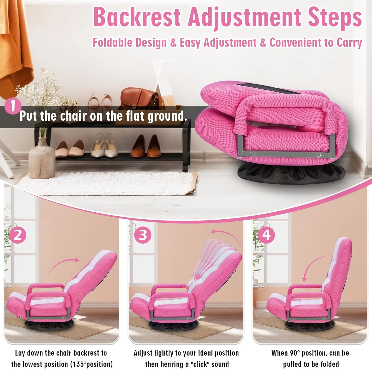 Swivel Floor Gaming Chair w/Armrests,Folding Video Reclining Sofa w/6 Adjustable Position, Padded Backrest & Cushion, Lazy Lounger Couch for E-Sports, Reading, Relaxing, Watching TV, Pink