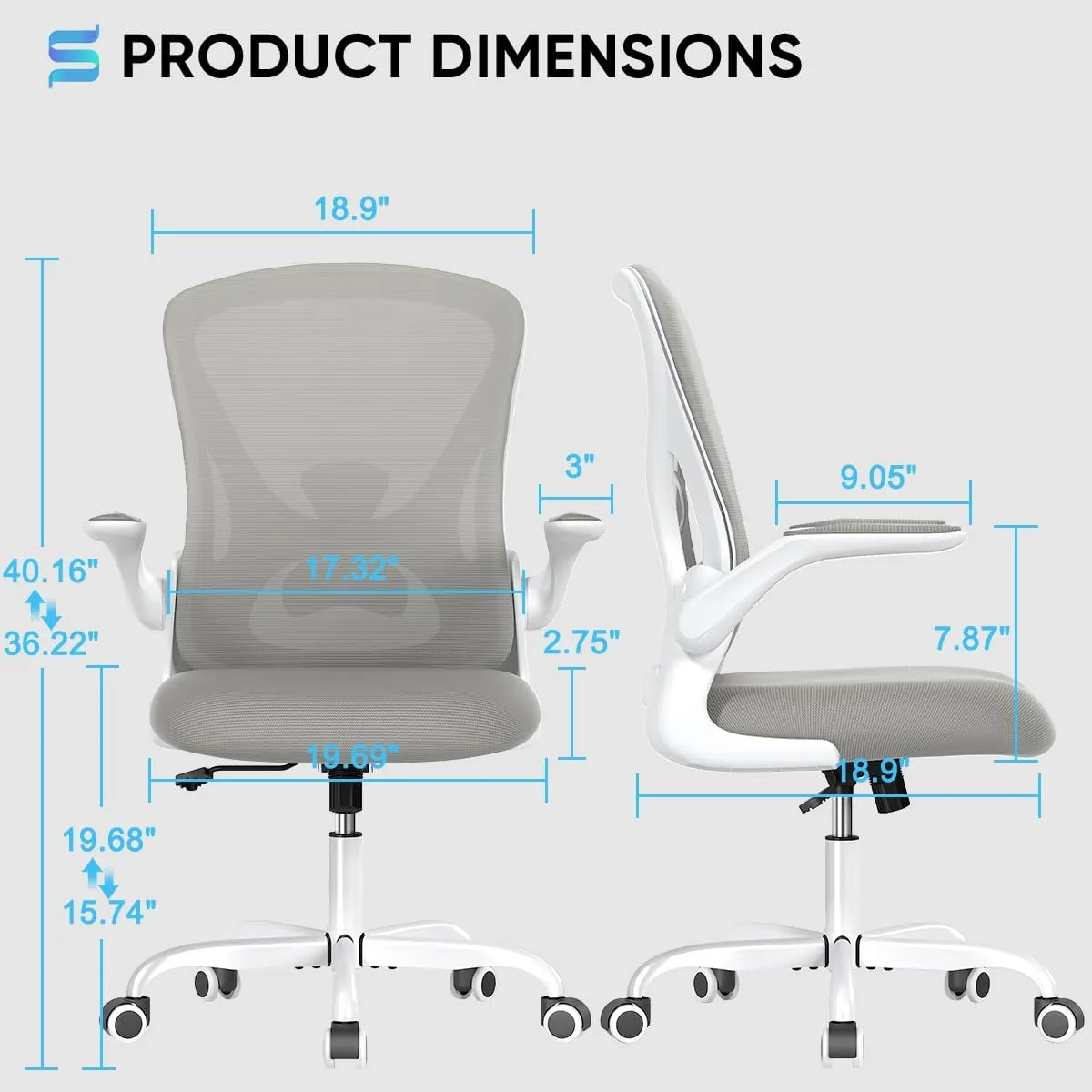 Sytas Ergonomic Desk Chair with Padded Flip up Arms and Supportive Lumbar Support, Breathable Mesh Home Office Chair with Comfortable Cushion for Home or Office(Gray)