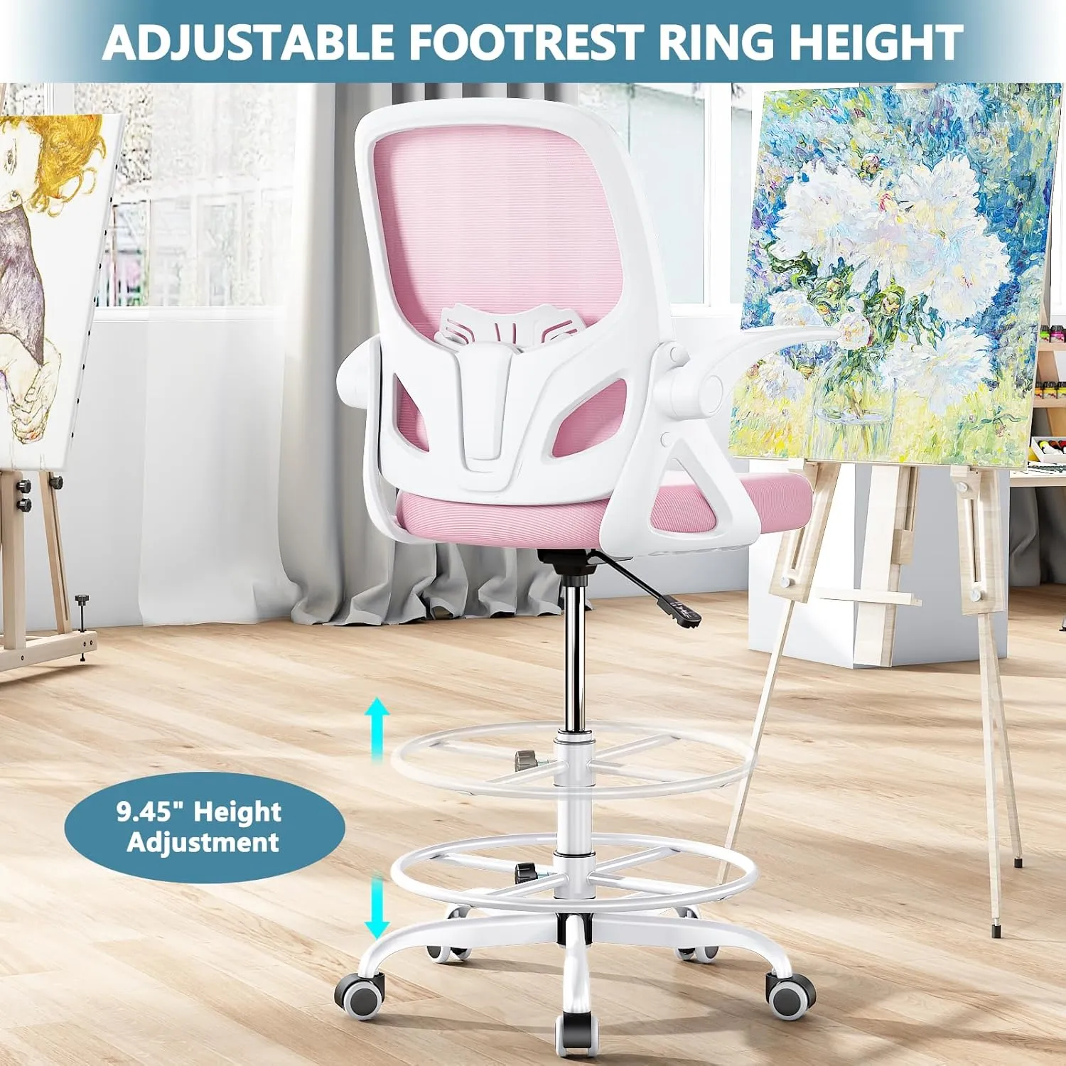 Tall Drafting Chair with Footrest Ring for Home and Work, Ergonomic Home Desk Office Chair with Flip up Arms and Lumbar Support, Tall Extended Height Executive Home Desk Office Chair(Pink)