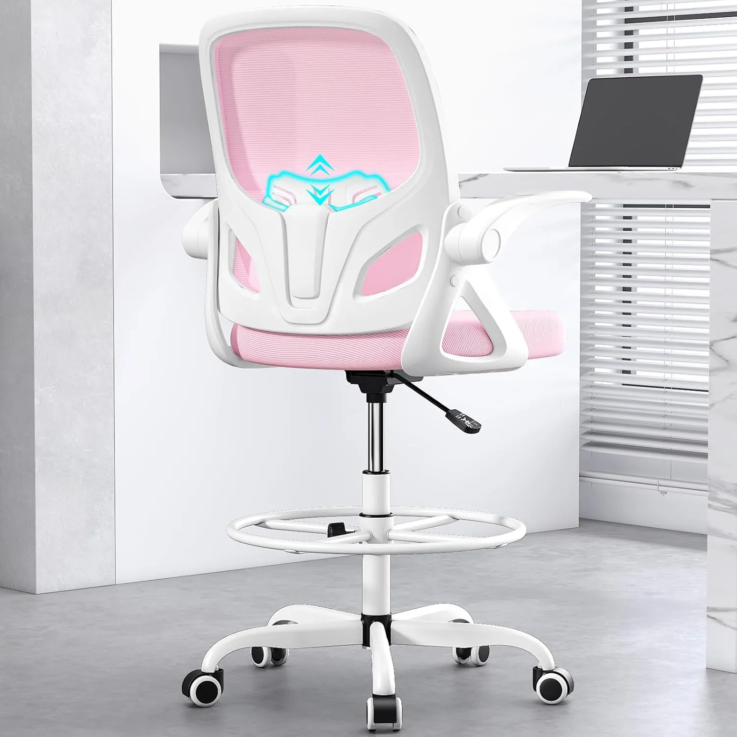 Tall Drafting Chair with Footrest Ring for Home and Work, Ergonomic Home Desk Office Chair with Flip up Arms and Lumbar Support, Tall Extended Height Executive Home Desk Office Chair(Pink)