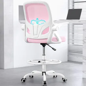 Tall Drafting Chair with Footrest Ring for Home and Work, Ergonomic Home Desk Office Chair with Flip up Arms and Lumbar Support, Tall Extended Height Executive Home Desk Office Chair(Pink)