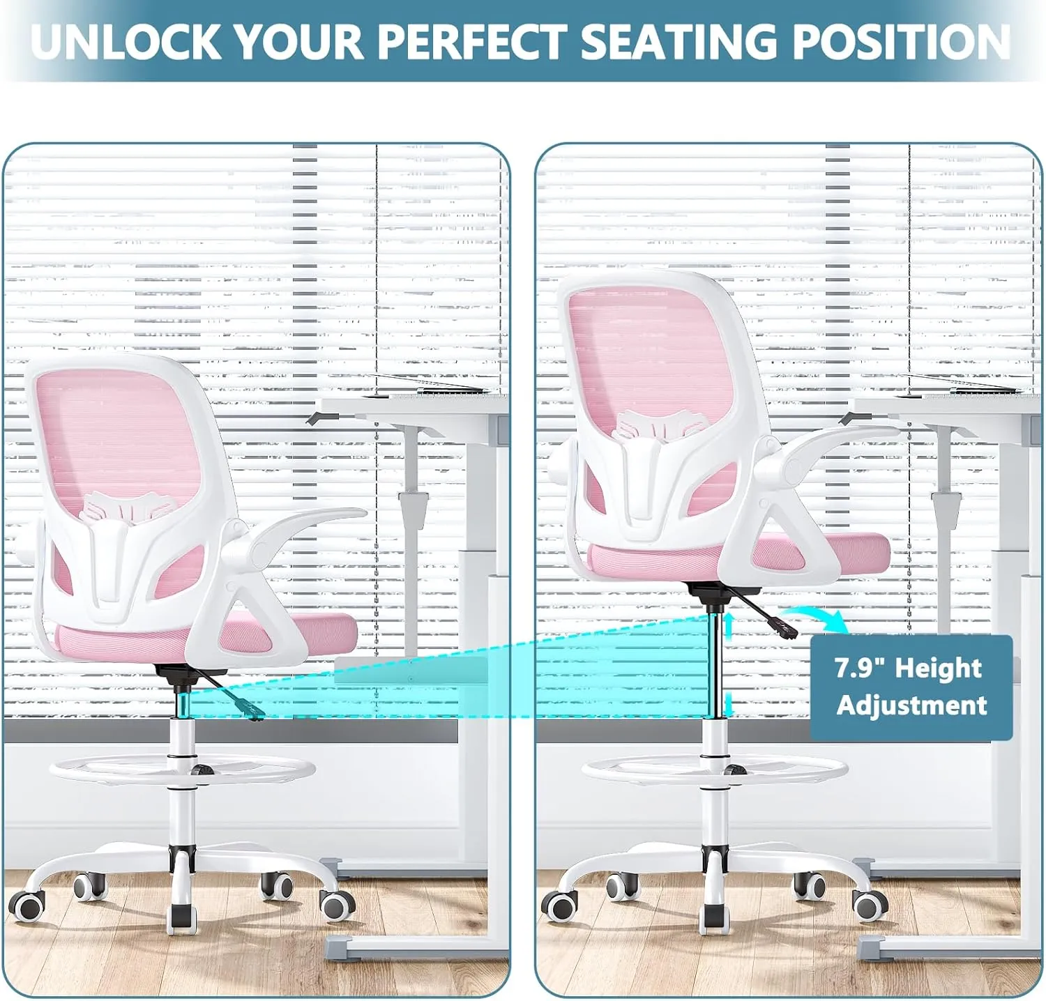 Tall Drafting Chair with Footrest Ring for Home and Work, Ergonomic Home Desk Office Chair with Flip up Arms and Lumbar Support, Tall Extended Height Executive Home Desk Office Chair(Pink)