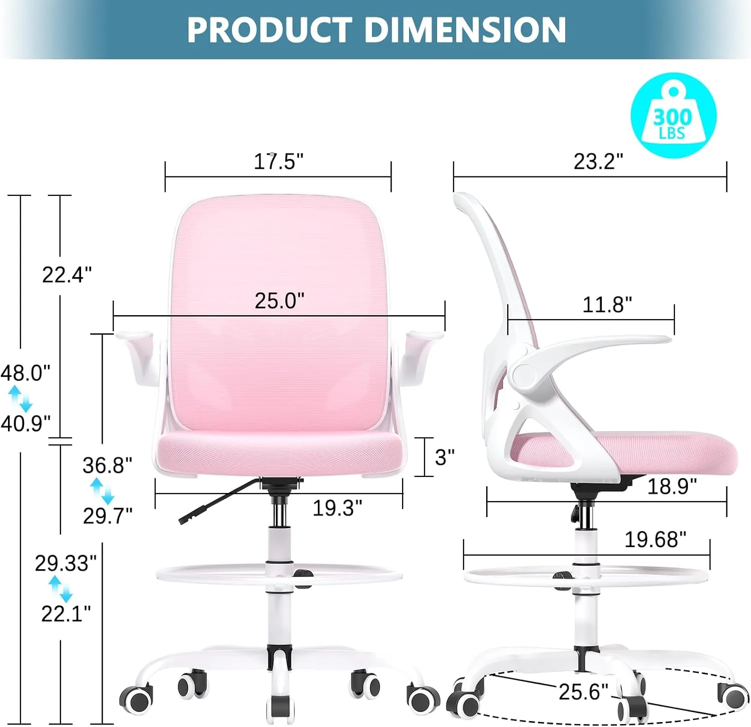 Tall Drafting Chair with Footrest Ring for Home and Work, Ergonomic Home Desk Office Chair with Flip up Arms and Lumbar Support, Tall Extended Height Executive Home Desk Office Chair(Pink)