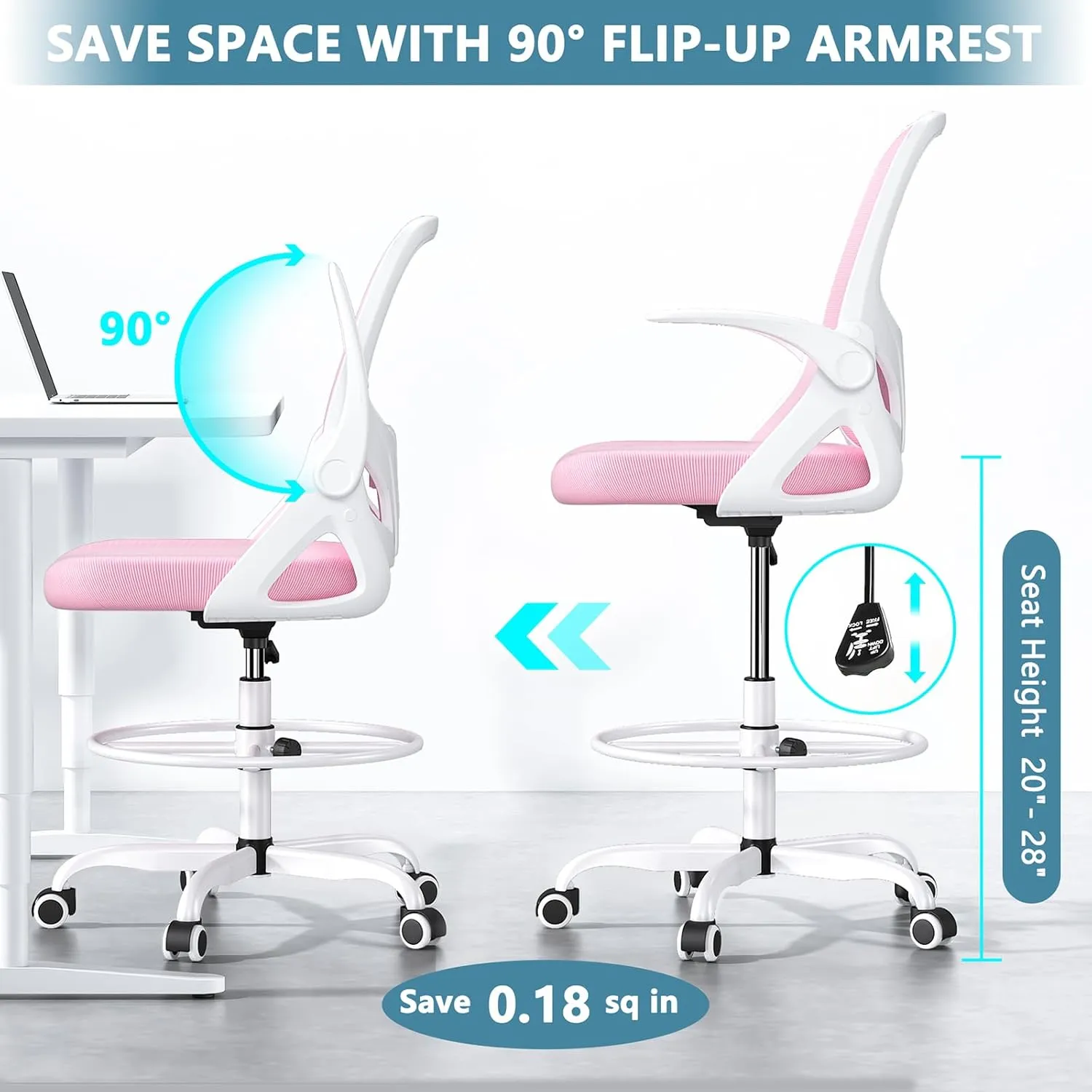 Tall Drafting Chair with Footrest Ring for Home and Work, Ergonomic Home Desk Office Chair with Flip up Arms and Lumbar Support, Tall Extended Height Executive Home Desk Office Chair(Pink)