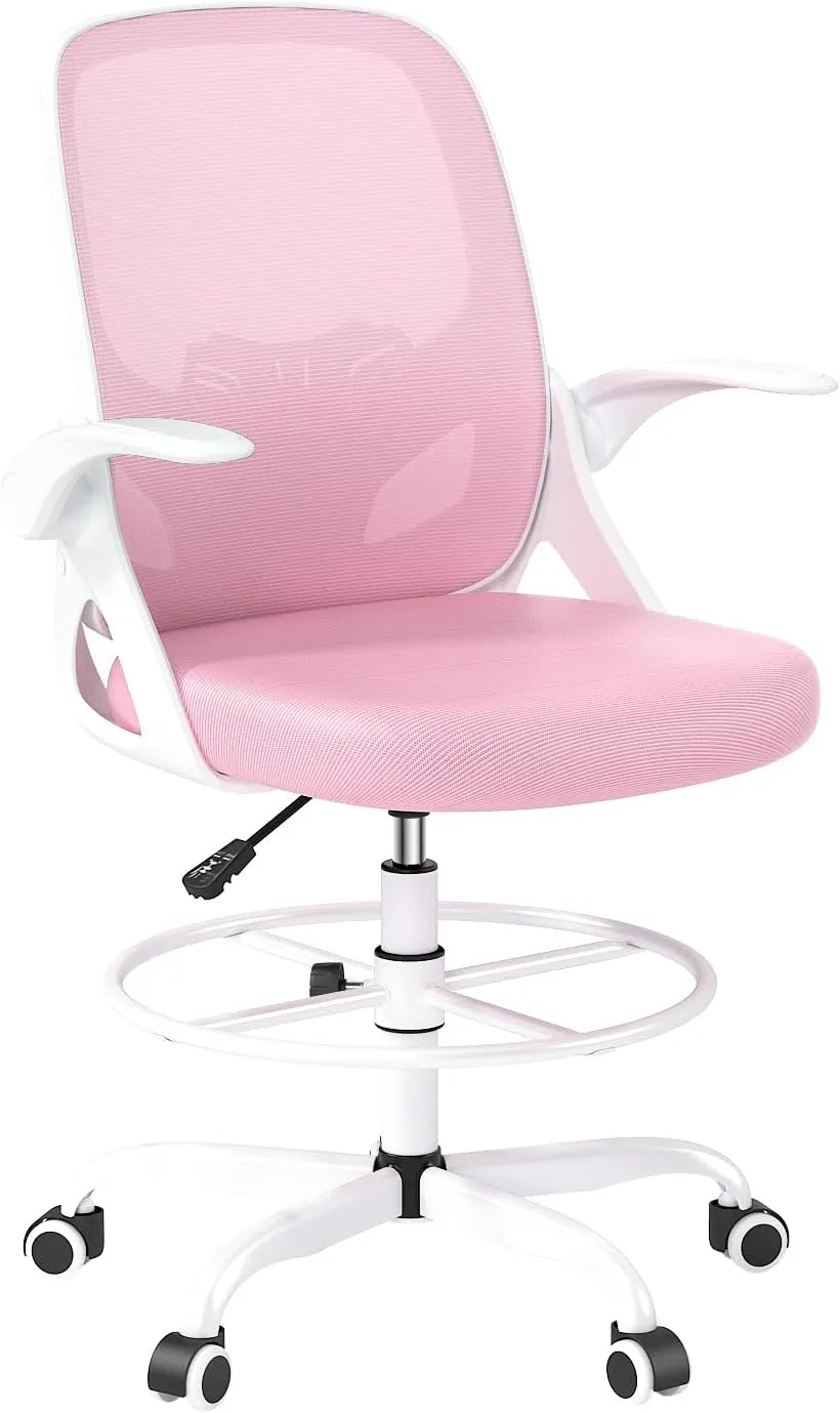 Tall Drafting Chair with Footrest Ring for Home and Work, Ergonomic Home Desk Office Chair with Flip up Arms and Lumbar Support, Tall Extended Height Executive Home Desk Office Chair(Pink)