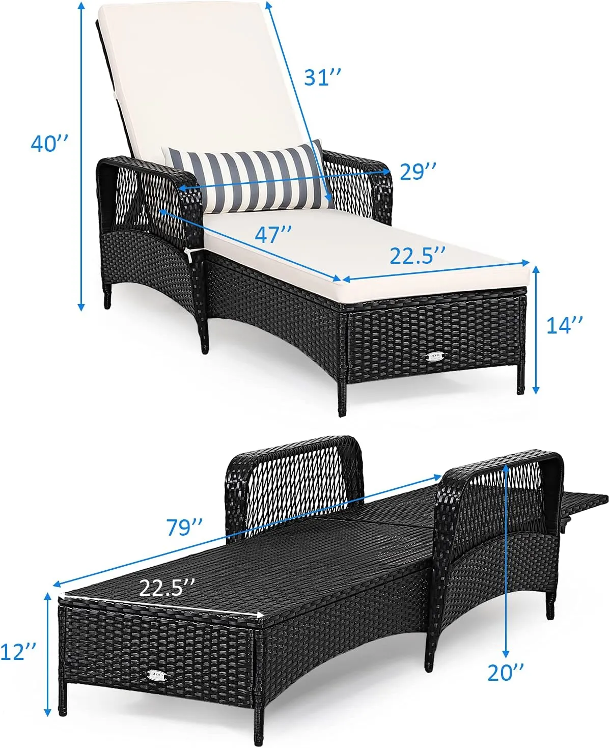 Tangkula Patio Wicker Chaise Lounge Chair, Outdoor Rattan Reclining Chaise w/ 6-Gear Adjustable Backrest, Thick Padded Cushion & Removable Lumbar Pillow, Ideal for Lawn, Beach, Balcony (Black)