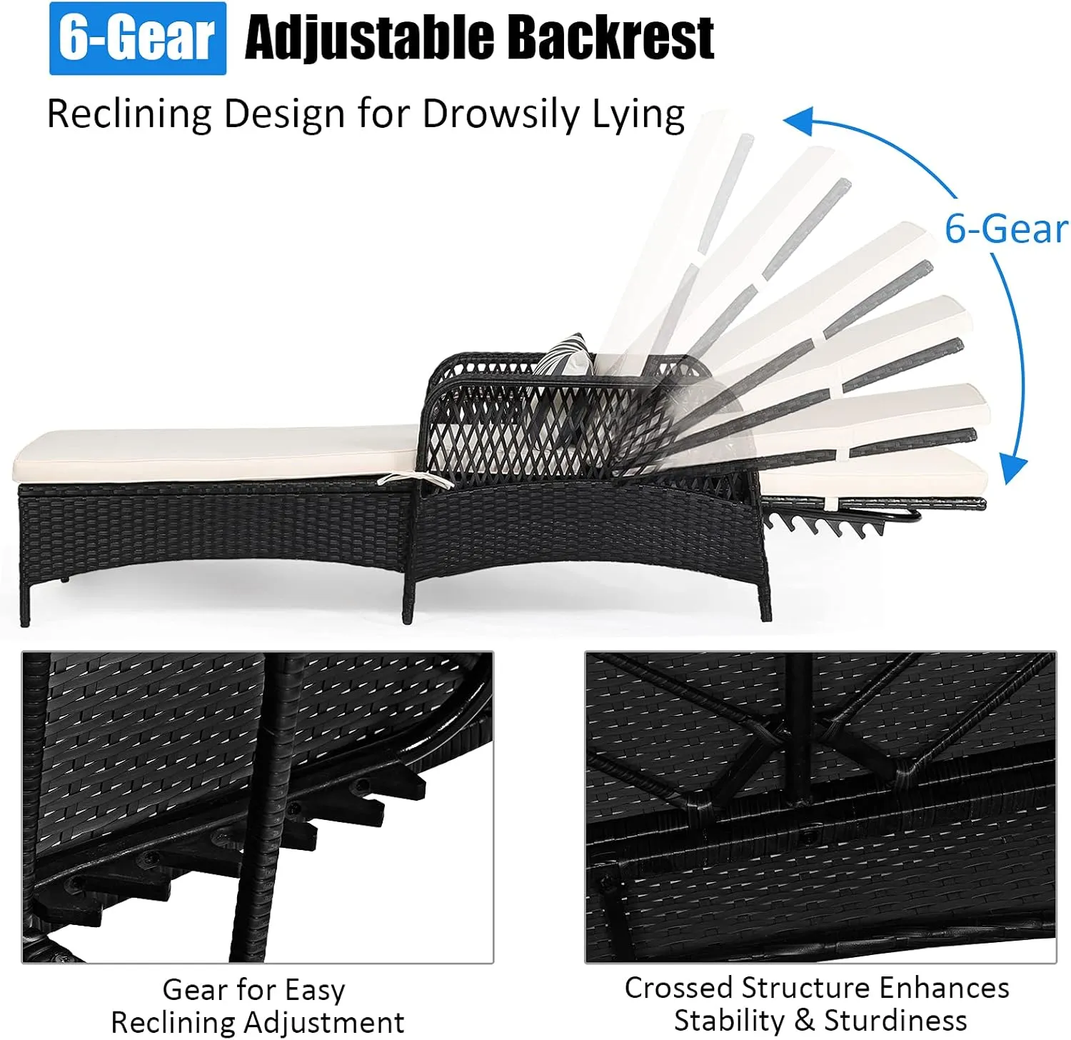 Tangkula Patio Wicker Chaise Lounge Chair, Outdoor Rattan Reclining Chaise w/ 6-Gear Adjustable Backrest, Thick Padded Cushion & Removable Lumbar Pillow, Ideal for Lawn, Beach, Balcony (Black)
