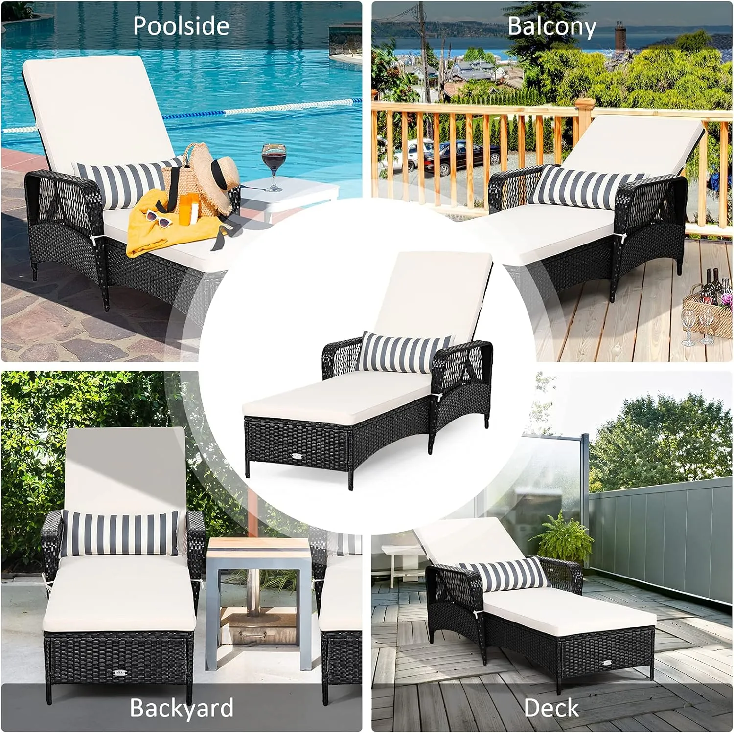 Tangkula Patio Wicker Chaise Lounge Chair, Outdoor Rattan Reclining Chaise w/ 6-Gear Adjustable Backrest, Thick Padded Cushion & Removable Lumbar Pillow, Ideal for Lawn, Beach, Balcony (Black)
