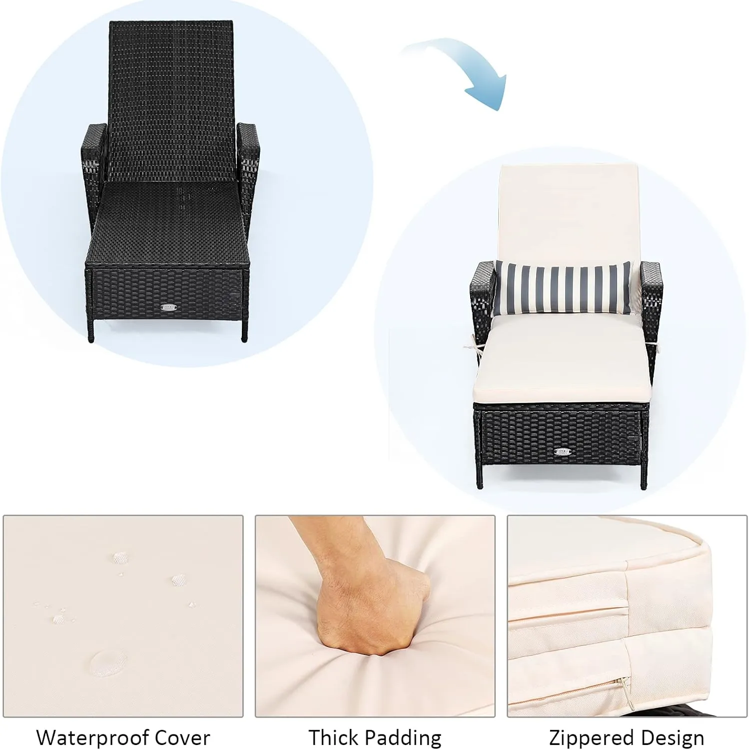 Tangkula Patio Wicker Chaise Lounge Chair, Outdoor Rattan Reclining Chaise w/ 6-Gear Adjustable Backrest, Thick Padded Cushion & Removable Lumbar Pillow, Ideal for Lawn, Beach, Balcony (Black)