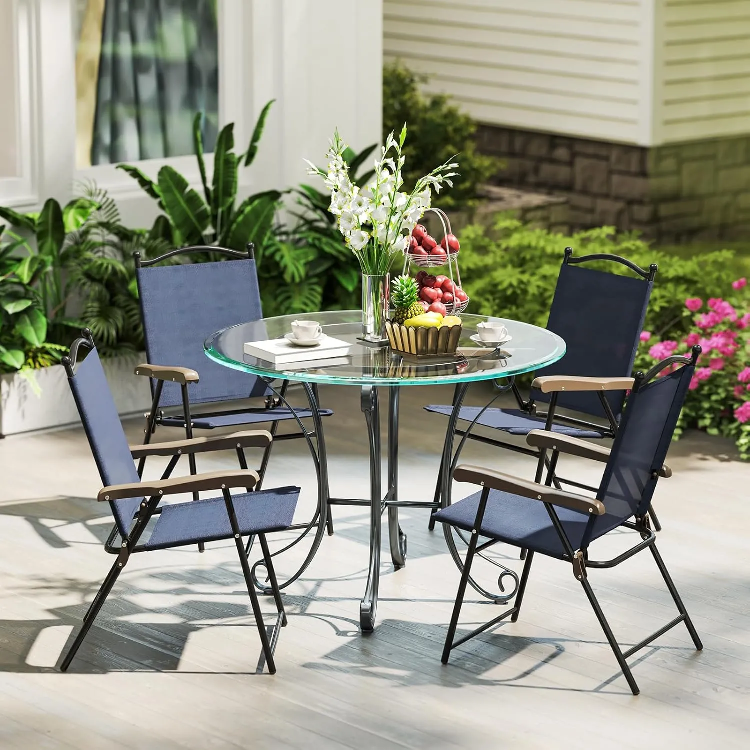 Tangkula Set of 2 Patio Folding Dining Chairs, Outdoor Sling Lawn Chairs with Armrests, Steel Frame, Portable Camping Lounge Chairs for Backyard, Deck, Poolside and Garden, No Assembly (1, Navy)