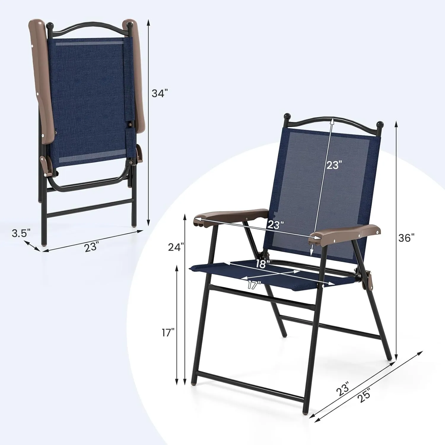 Tangkula Set of 2 Patio Folding Dining Chairs, Outdoor Sling Lawn Chairs with Armrests, Steel Frame, Portable Camping Lounge Chairs for Backyard, Deck, Poolside and Garden, No Assembly (1, Navy)