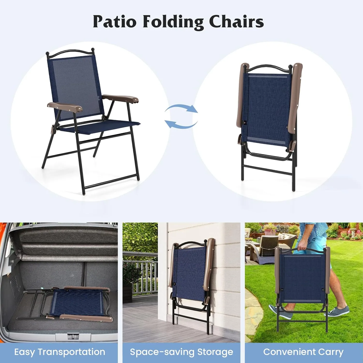 Tangkula Set of 2 Patio Folding Dining Chairs, Outdoor Sling Lawn Chairs with Armrests, Steel Frame, Portable Camping Lounge Chairs for Backyard, Deck, Poolside and Garden, No Assembly (1, Navy)