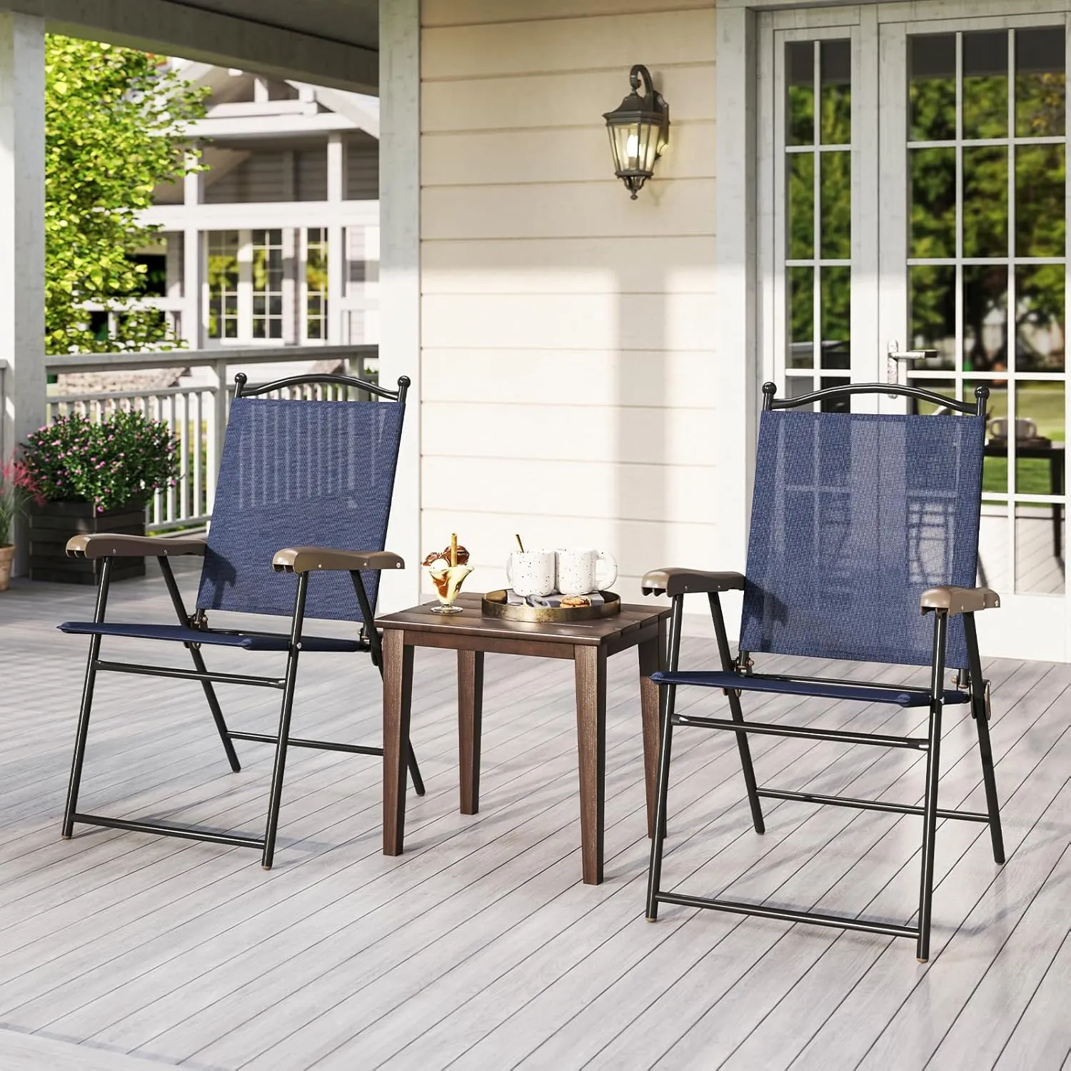 Tangkula Set of 2 Patio Folding Dining Chairs, Outdoor Sling Lawn Chairs with Armrests, Steel Frame, Portable Camping Lounge Chairs for Backyard, Deck, Poolside and Garden, No Assembly (1, Navy)