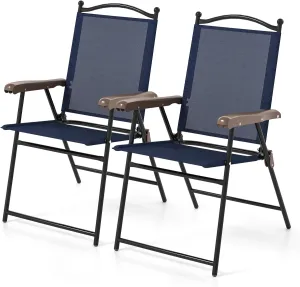 Tangkula Set of 2 Patio Folding Dining Chairs, Outdoor Sling Lawn Chairs with Armrests, Steel Frame, Portable Camping Lounge Chairs for Backyard, Deck, Poolside and Garden, No Assembly (1, Navy)