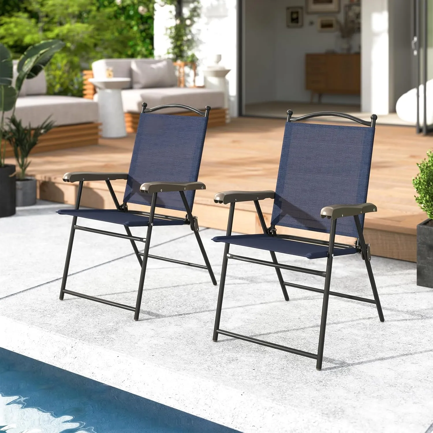 Tangkula Set of 2 Patio Folding Dining Chairs, Outdoor Sling Lawn Chairs with Armrests, Steel Frame, Portable Camping Lounge Chairs for Backyard, Deck, Poolside and Garden, No Assembly (1, Navy)