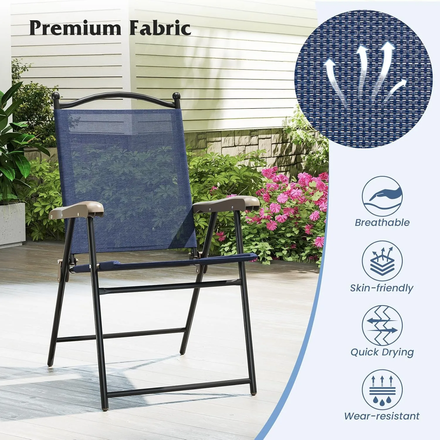Tangkula Set of 2 Patio Folding Dining Chairs, Outdoor Sling Lawn Chairs with Armrests, Steel Frame, Portable Camping Lounge Chairs for Backyard, Deck, Poolside and Garden, No Assembly (1, Navy)