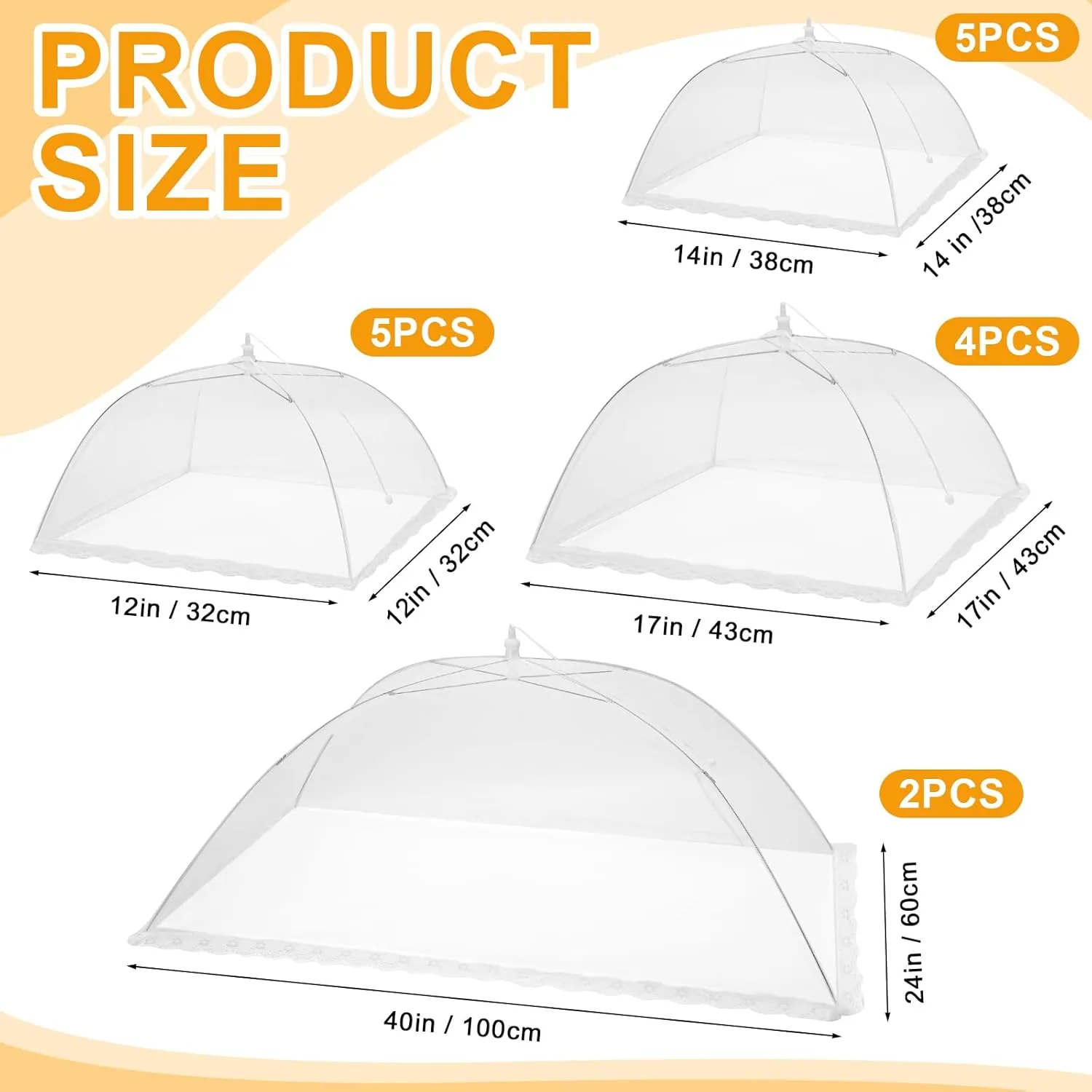 Tanlade 16 Pcs Mesh Food Cover Food Tent Set Reusable Collapsible Pop up Food Nets for Outdoors Summer Party Picnic, 2 Pcs 40" x 24", 4 Pcs 17" x 17", 5 Pcs 14" x 14", 5 Pcs 12" x 12" (White)