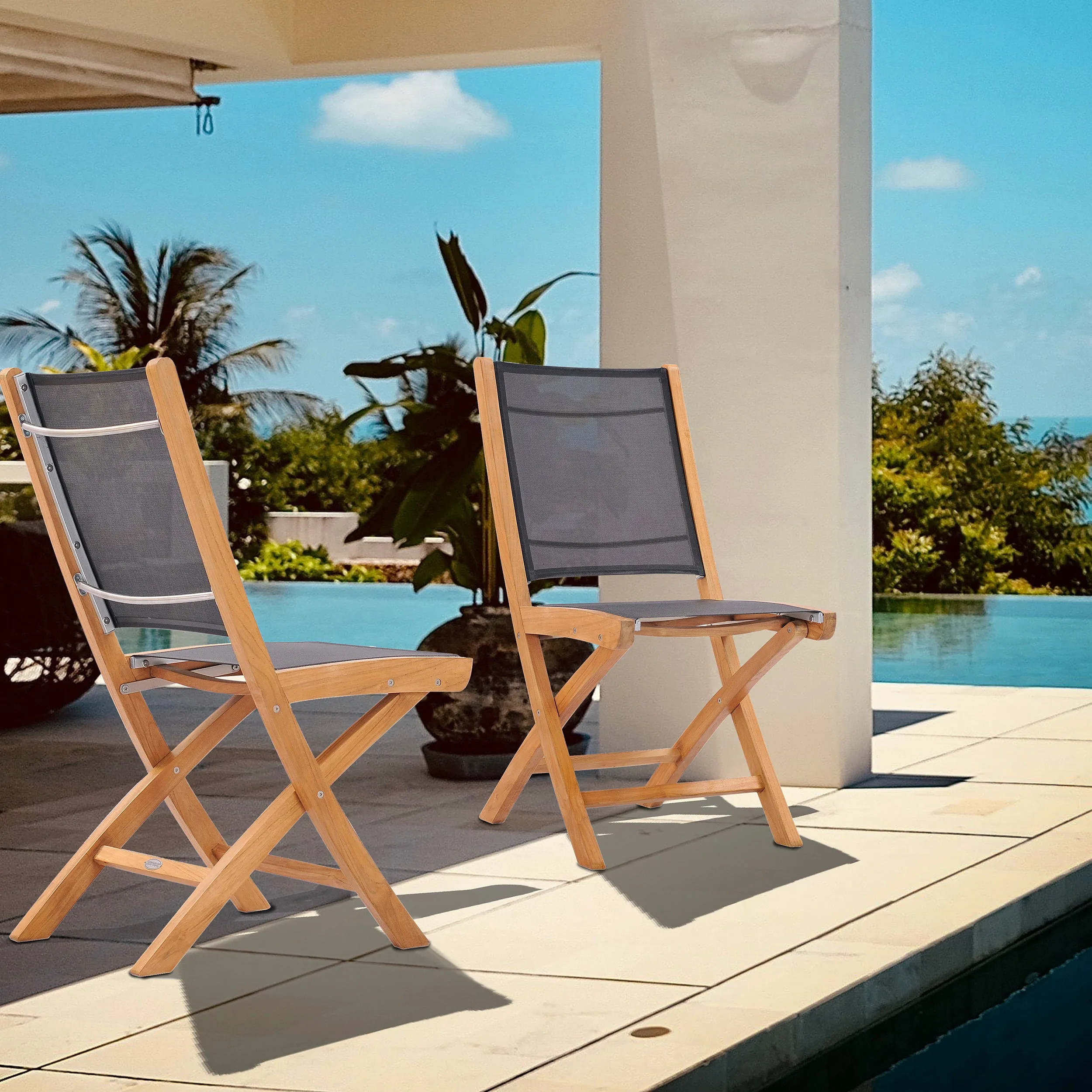Teak Wood Miami Folding Side Chair, Black (set of 2)