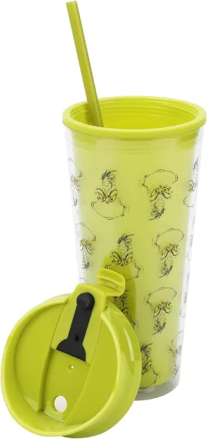 The Grinch Character Heads All-Over Print Green 24 Oz Double Wall Plastic Water Bottle