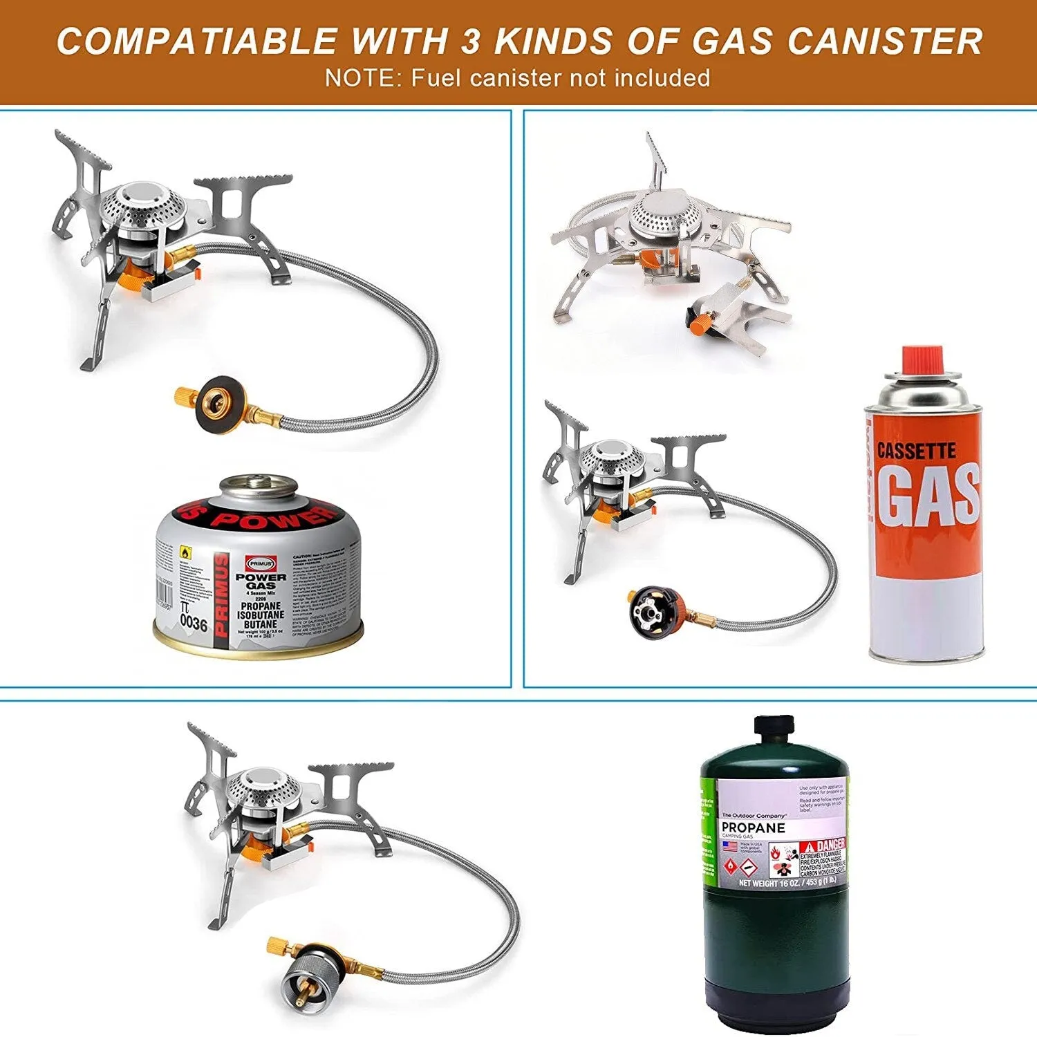 Three Head Foldable Gas Stove Mini Outdoor Windproof Gas Burner with Gas Tank Adapter