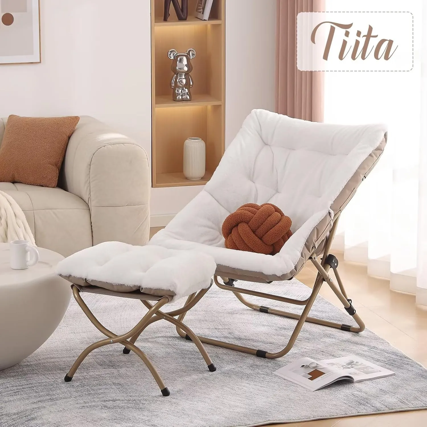 Tiita Comfy Folded Chair, Soft Faux Fur Oversized Folding Accent Chair, Lounge Lazy Chair for Kids Teens Adults, Metal Frame Moon Chair for Bedroom, Living Room, Dorm Rooms