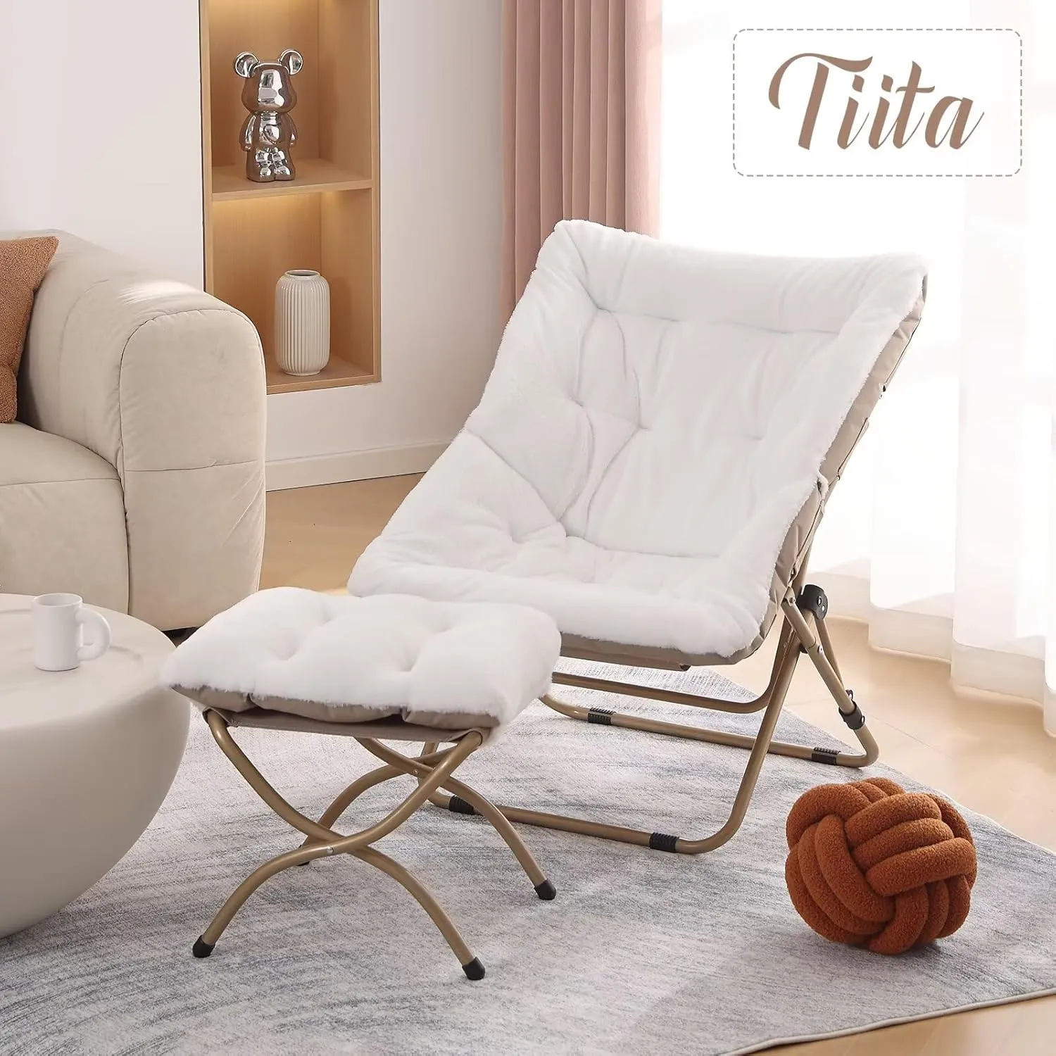 Tiita Comfy Folded Chair, Soft Faux Fur Oversized Folding Accent Chair, Lounge Lazy Chair for Kids Teens Adults, Metal Frame Moon Chair for Bedroom, Living Room, Dorm Rooms