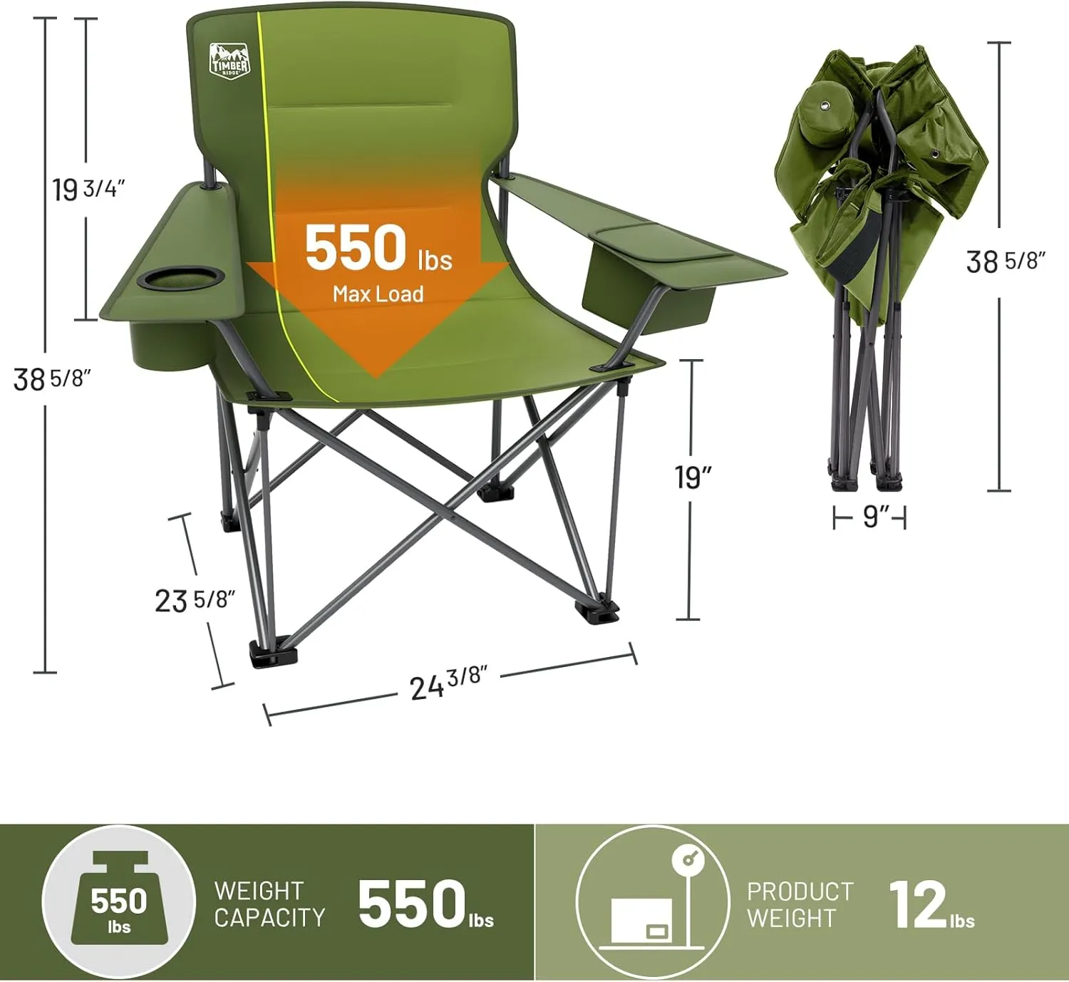 TIMBER RIDGE Oversized Folding Camping Chair for Adults, Support 550 LBS Heavy Duty with Cup Holder Side Pocket for Camping, Lawn, Picnic, Green