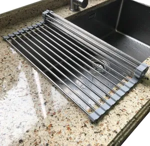 Tomorotec Roll Up Dish Drying Rack Over The Sink Grey Large Dish Drying Rack Rolling Foldable Collapsible SUS304 Stainless Steel Multipurpose Dish Drainer for Kitchen Counter (21”x11.8”)