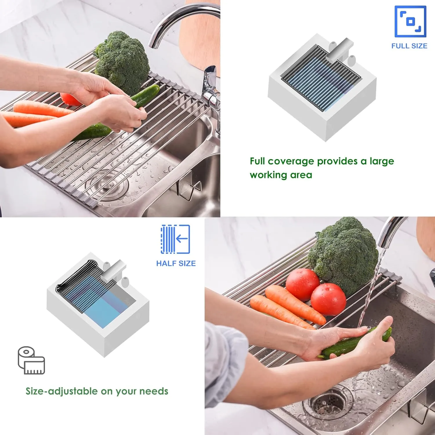 Tomorotec Roll Up Dish Drying Rack Over The Sink Grey Large Dish Drying Rack Rolling Foldable Collapsible SUS304 Stainless Steel Multipurpose Dish Drainer for Kitchen Counter (21”x11.8”)