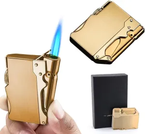 Torch Lighter, Refillable Butane Lighter, Jet Blue Flame Lighters, Windproof Lighter Adjustable Strong Flame Lighter, for Hiking Camping Fireplace Grill Camping BBQ Lighter (Without Gas) (Gold)