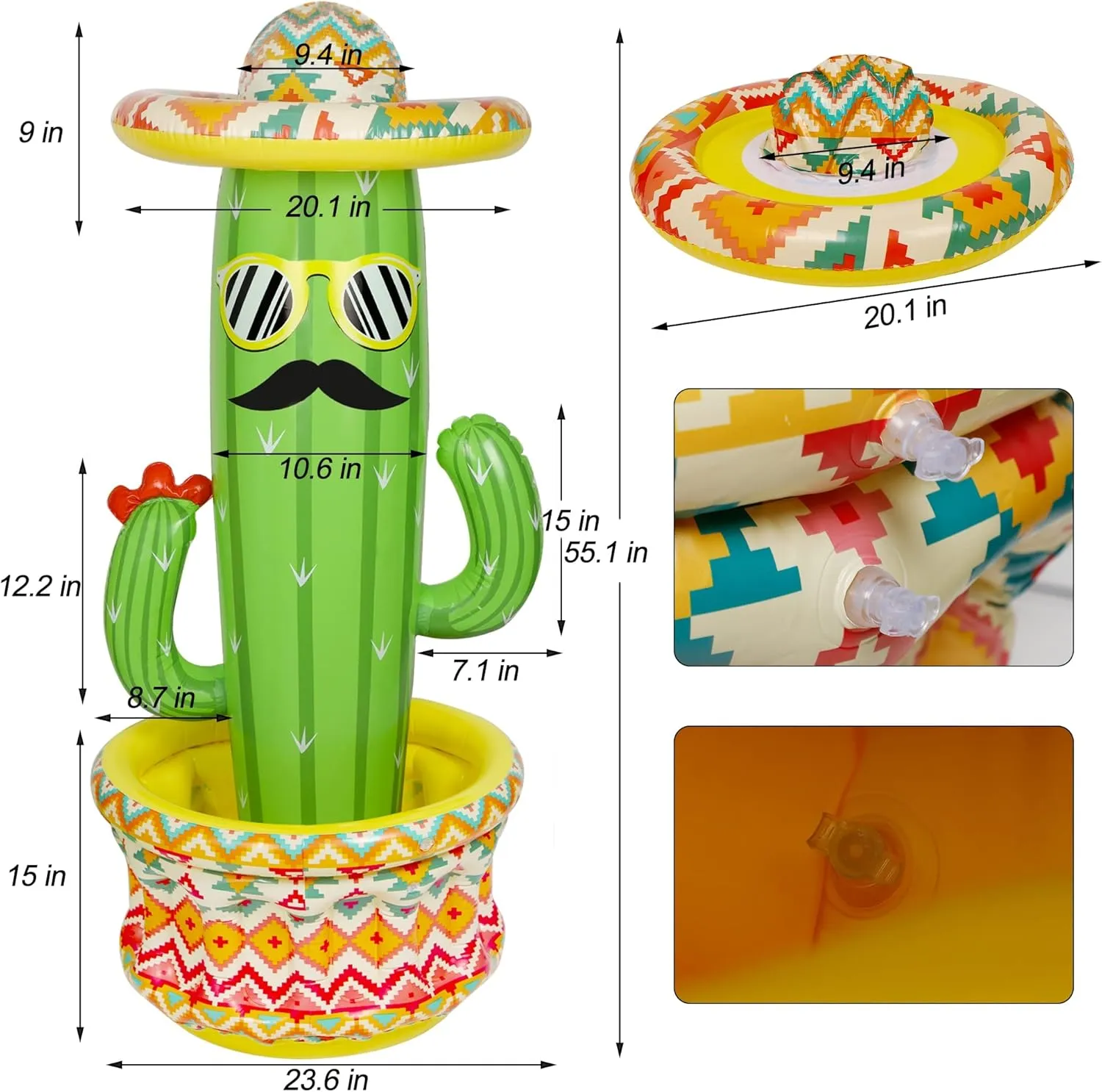Triumpeek Inflatable Cactus Cooler, 55" Fiesta Cactus Ice Bucket Wearing Sombreros for Summer Swimming Pool Hawaiian Themed Party Supplies
