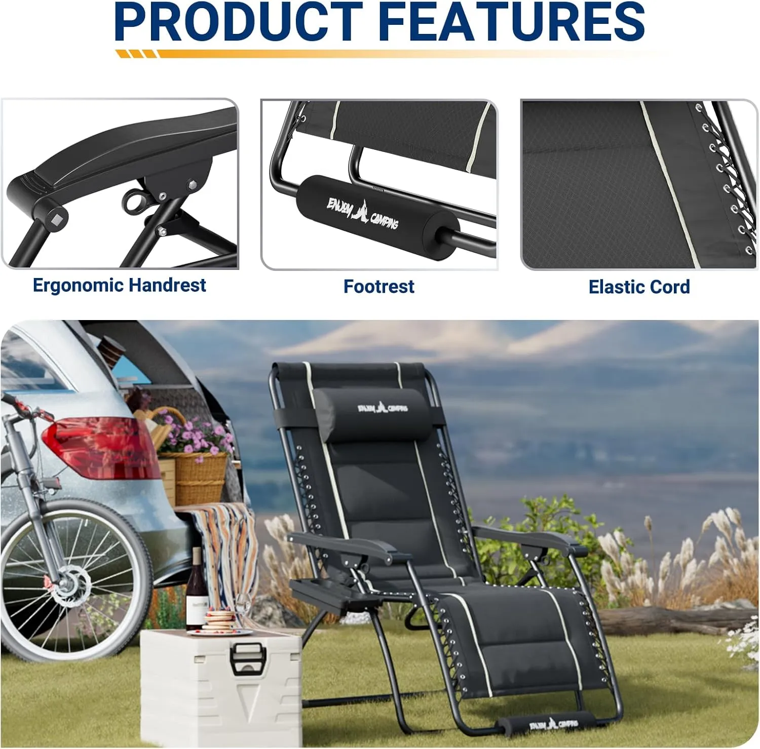UDPATIO Zero Gravity Chair 33In Oversized XXL Patio Anti Gravity Chairs Outdoor Lounge Folding Adjustable Recliner with Cup Holder, Foot Rest & Padded Headrest,Grey Support 500lbs