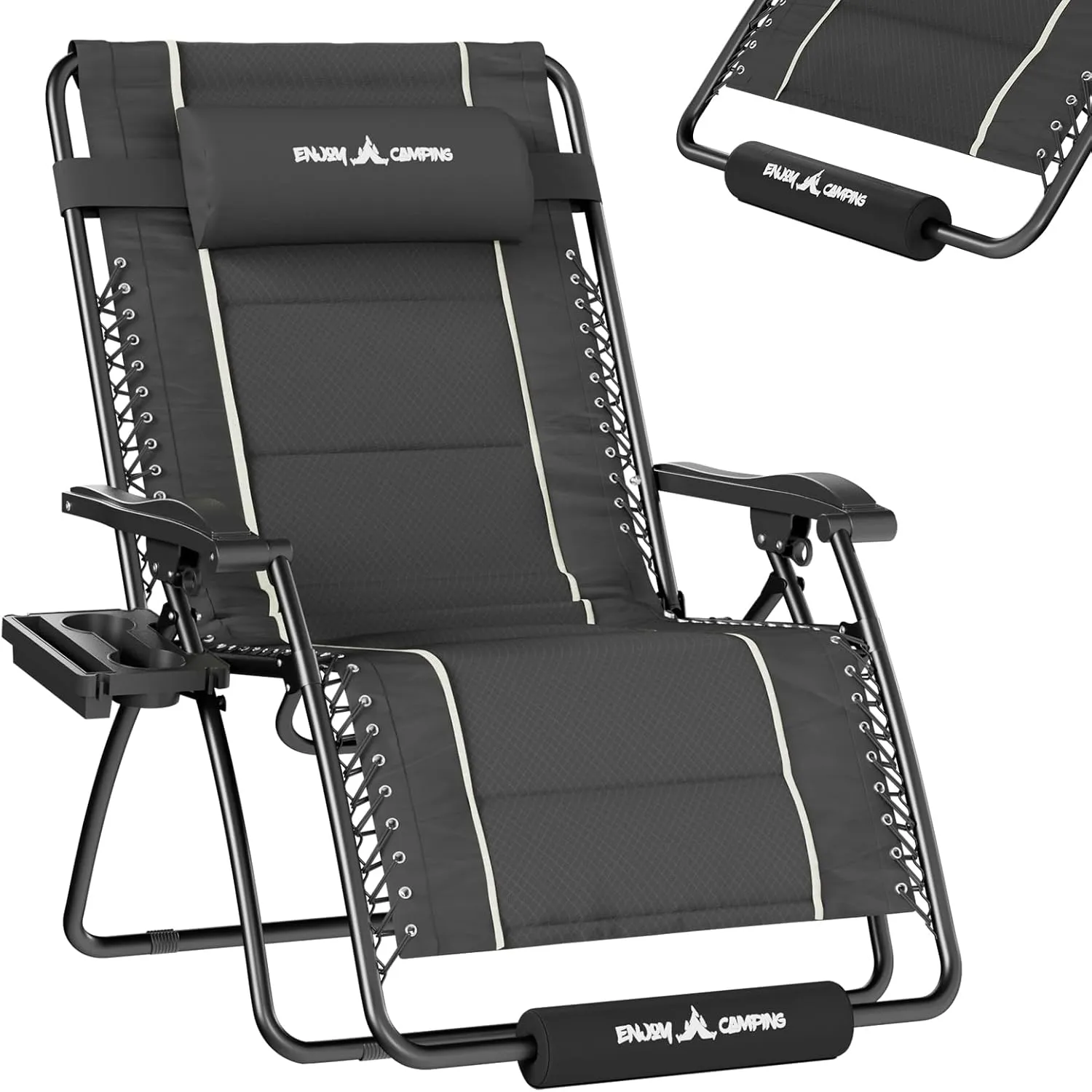 UDPATIO Zero Gravity Chair 33In Oversized XXL Patio Anti Gravity Chairs Outdoor Lounge Folding Adjustable Recliner with Cup Holder, Foot Rest & Padded Headrest,Grey Support 500lbs