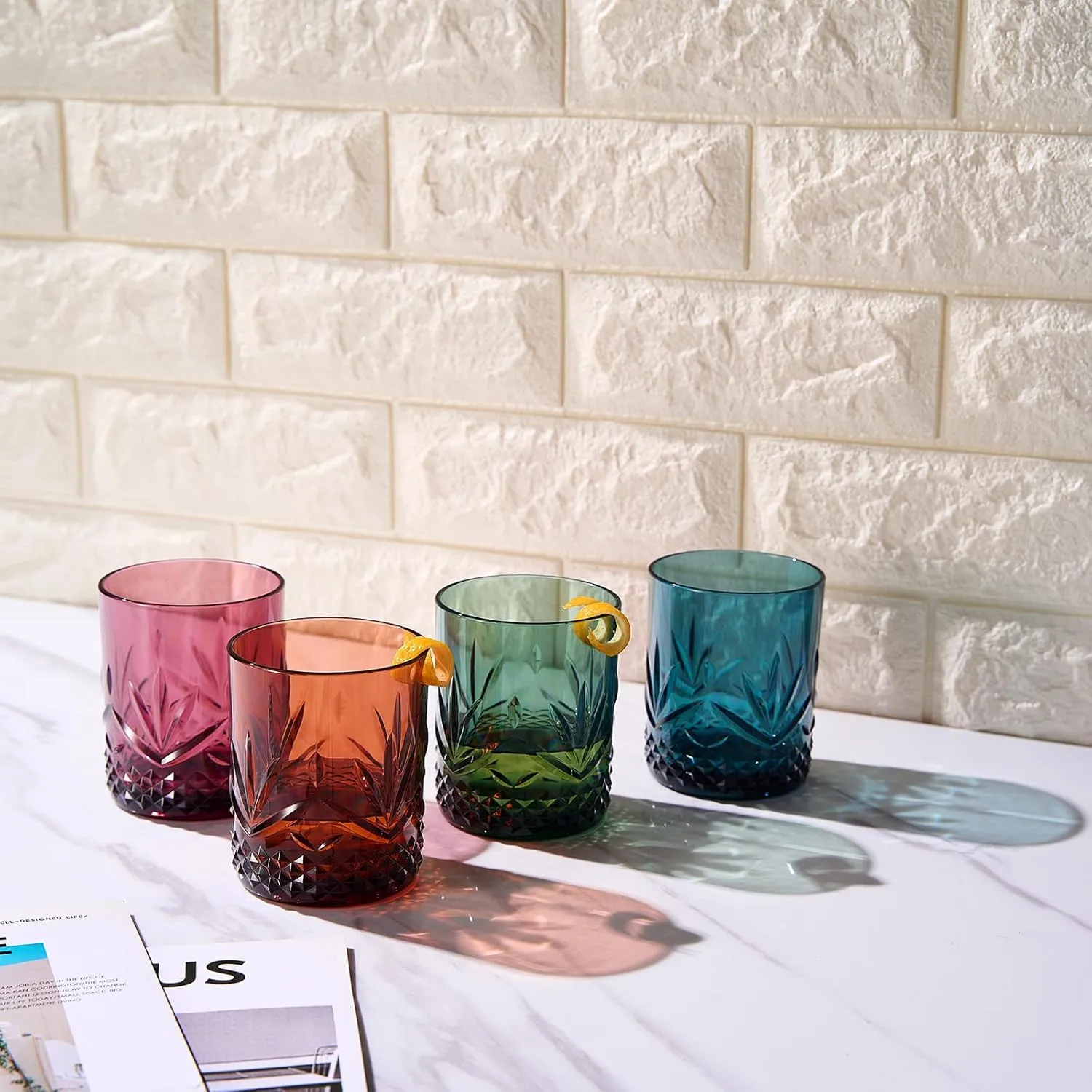 Unbreakable Tritan Plastic Cocktail, Whiskey, Water & Wine Tumbler Glasses | 4 Set | Reusable Old Fashioned Rocks, Acrylic Pastel Colors Glass Lookalike, Dishwasher-Safe, Shatterproof BPA-free 11oz
