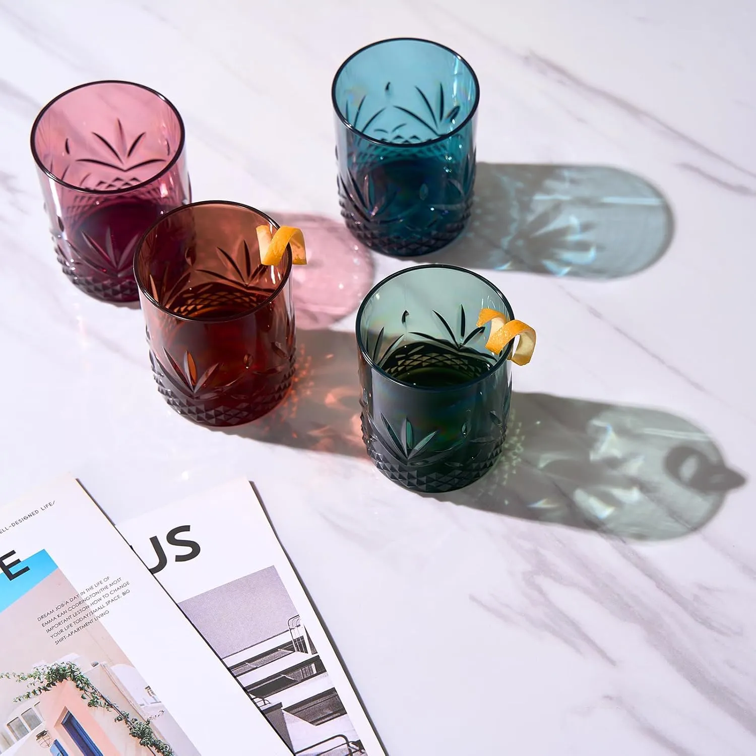 Unbreakable Tritan Plastic Cocktail, Whiskey, Water & Wine Tumbler Glasses | 4 Set | Reusable Old Fashioned Rocks, Acrylic Pastel Colors Glass Lookalike, Dishwasher-Safe, Shatterproof BPA-free 11oz