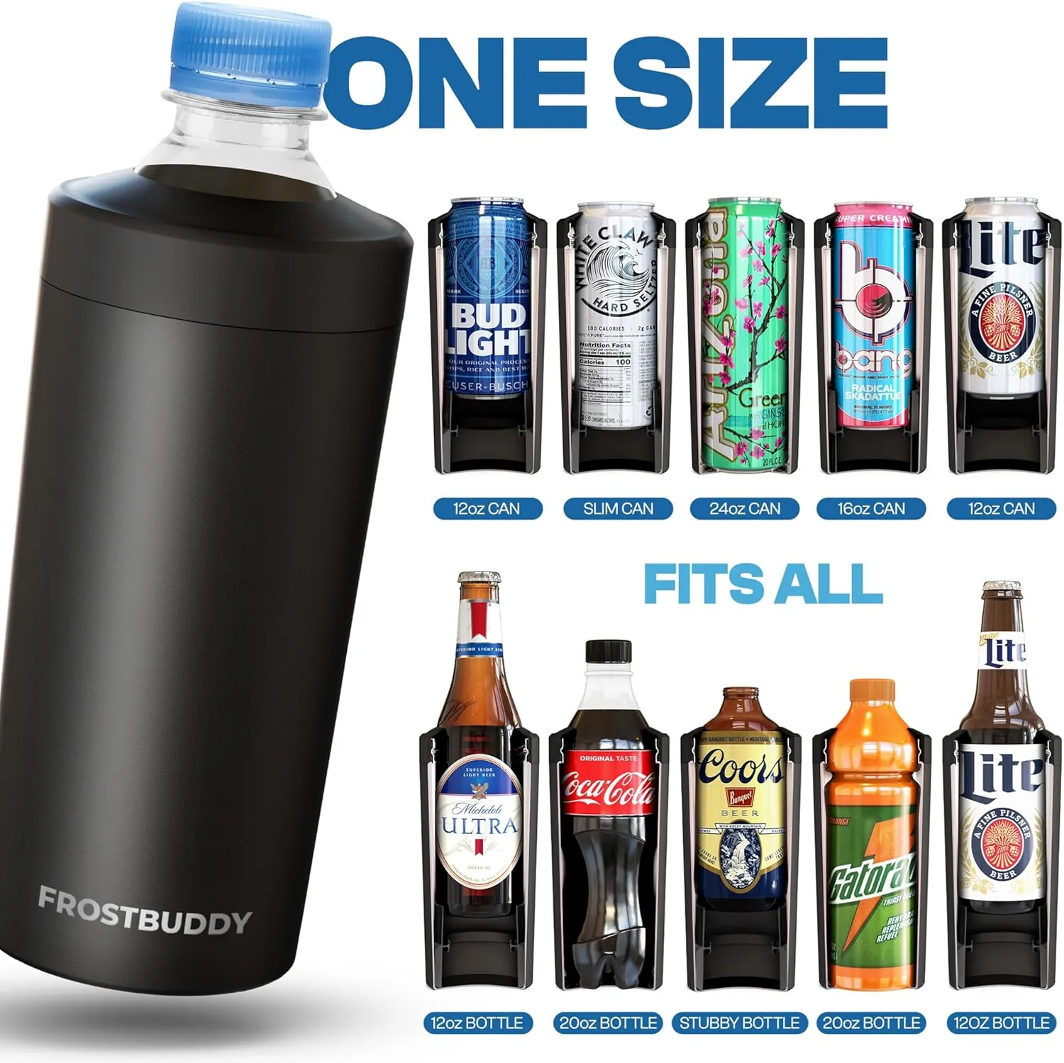 Universal Buddy XL Can Cooler by Frost Buddy - Fits 12-ounce, 16-ounce, 20-ounce, and 24-ounce Cans and Bottles - Keep Your Drinks Refreshingly Chilled for over 12 hours (Dark Night)
