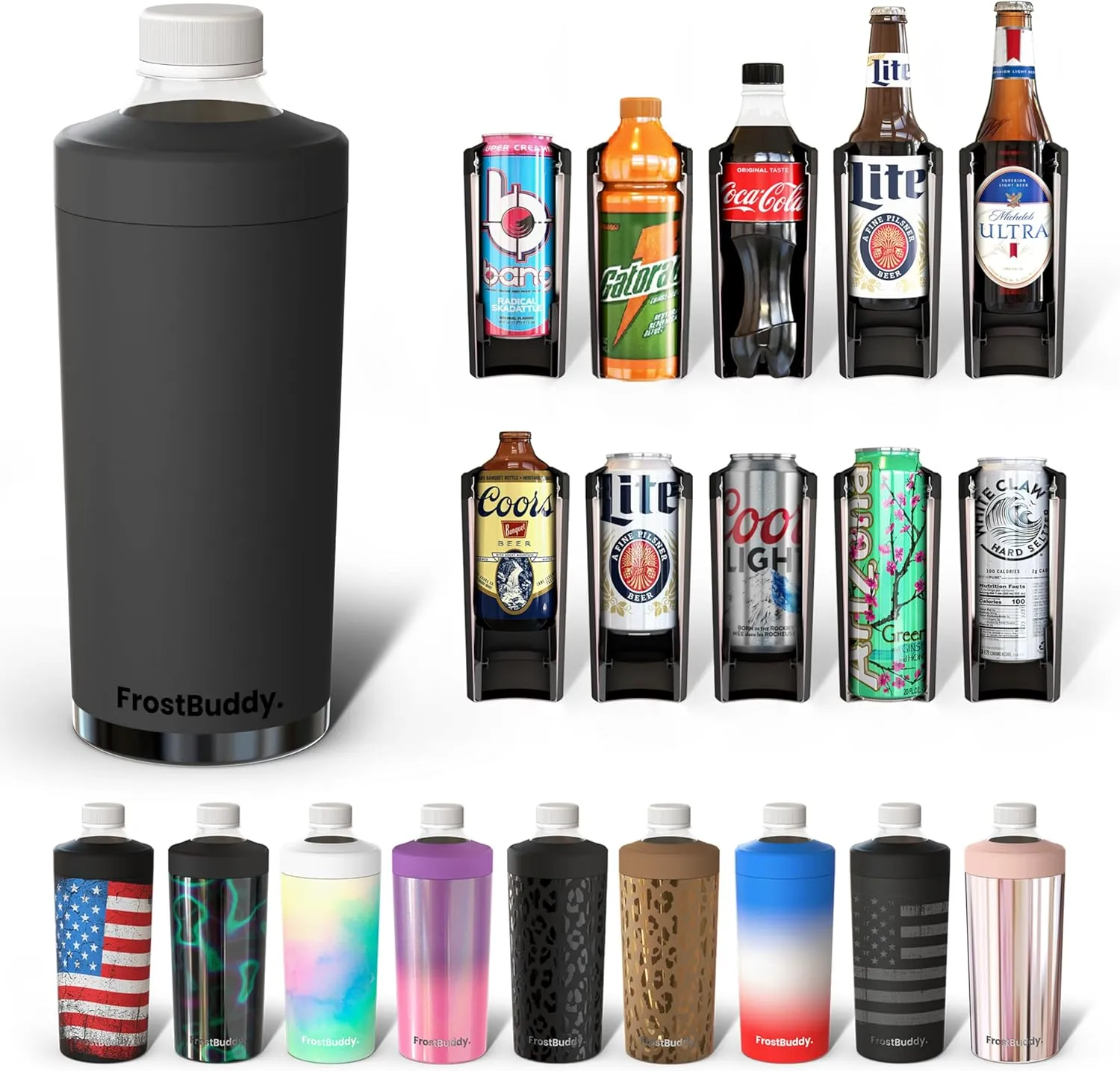 Universal Buddy XL Can Cooler by Frost Buddy - Fits 12-ounce, 16-ounce, 20-ounce, and 24-ounce Cans and Bottles - Keep Your Drinks Refreshingly Chilled for over 12 hours (Dark Night)