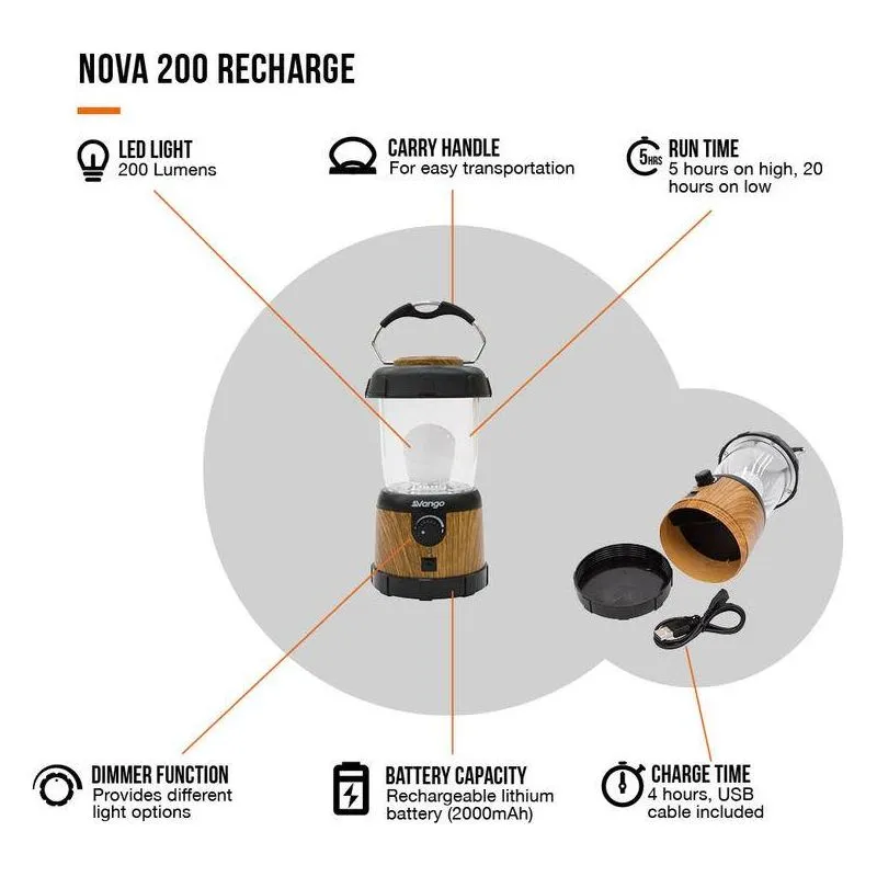 Vango Nova 200 Recharge USB Camping Lantern - Wood Effect