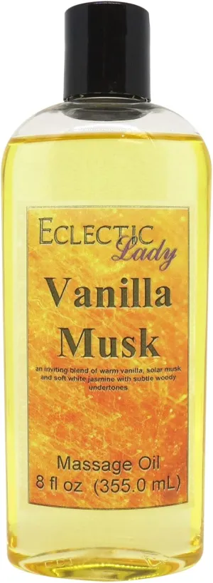Vanilla Musk Massage Oil, 8 oz, With Sweet Almond Oil and Jojoba Oil, Preservative Free, Perfect for Aromatherapy and Relaxation