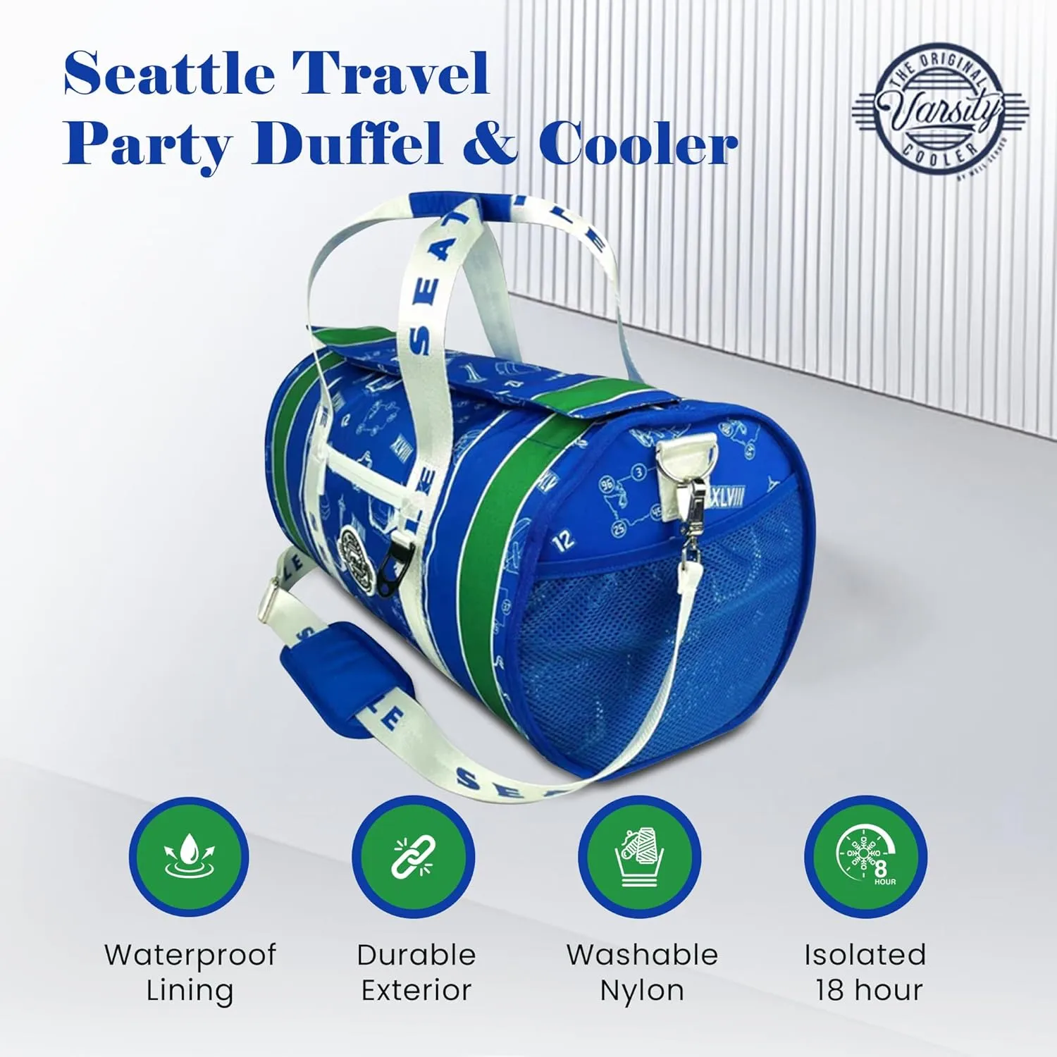 Varsity Cooler Seattle Travel Party Duffel & Cooler – 30 Can Leakproof Insulated Tote Bag, Waterproof Soft compartment for Tailgating, Golf, Beach, Carry-On Luggage & Outdoor Sports