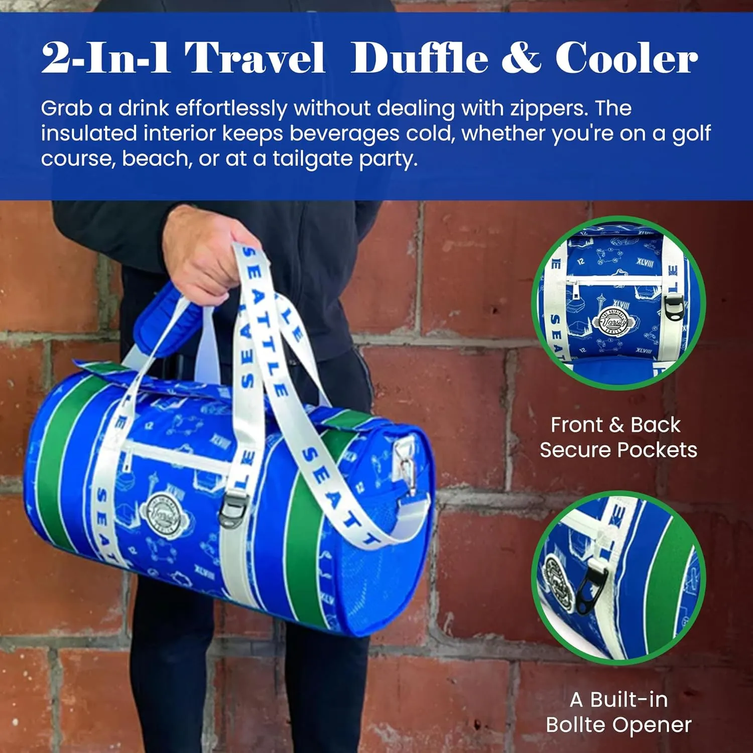 Varsity Cooler Seattle Travel Party Duffel & Cooler – 30 Can Leakproof Insulated Tote Bag, Waterproof Soft compartment for Tailgating, Golf, Beach, Carry-On Luggage & Outdoor Sports