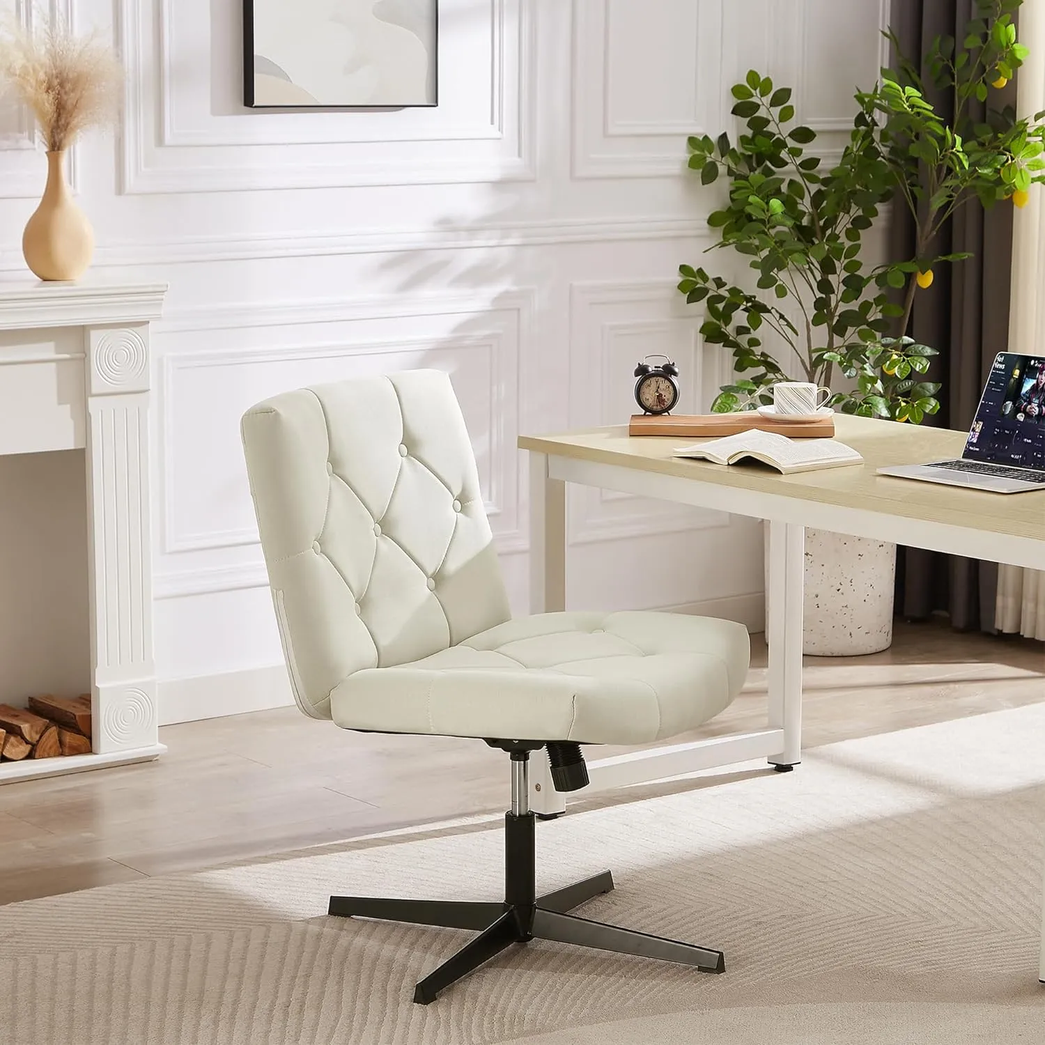 VECELO Criss Cross Armless Office Desk Chair No Wheels Comfy Wide Fabric Padded