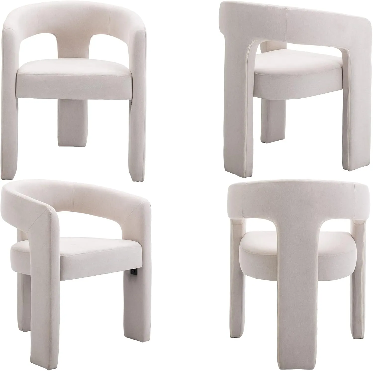 VESCASA Linen Barrel Dining Chair with Open-Back, Upholstered Modern Accent Side Armchair with 3 Legs for Kitchen/Dining Room/Living Room, 1 Chair, Ivory