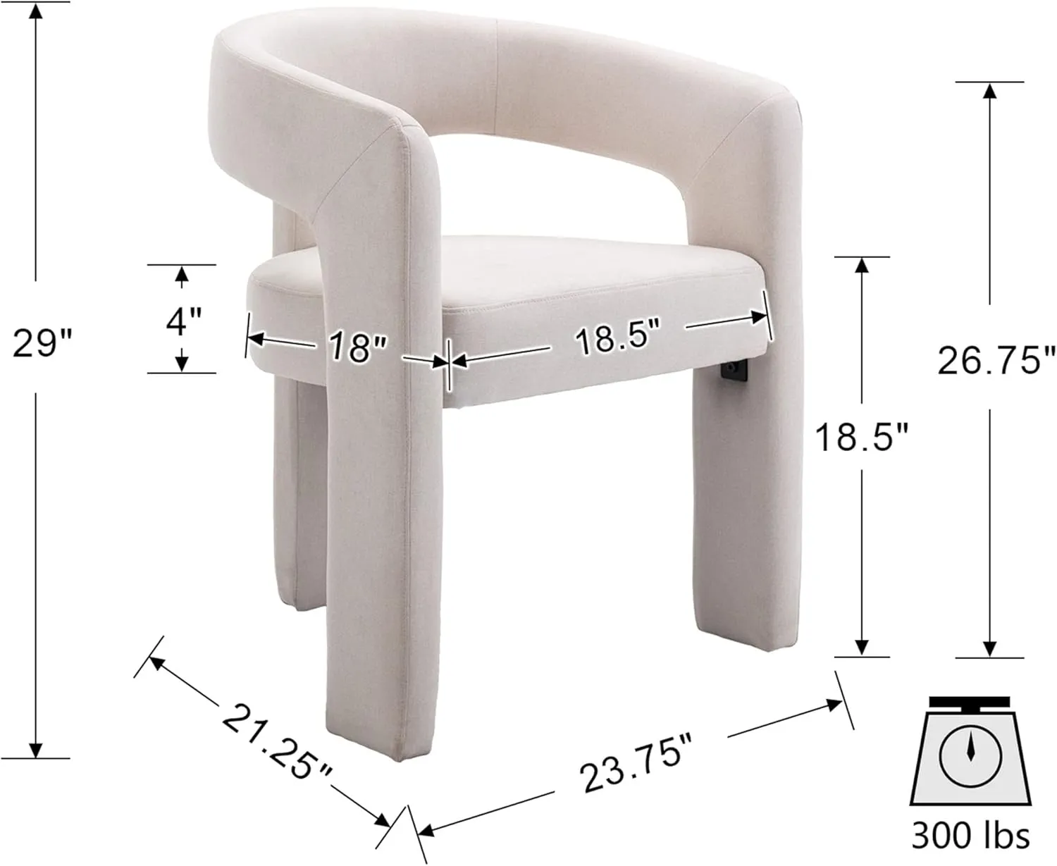VESCASA Linen Barrel Dining Chair with Open-Back, Upholstered Modern Accent Side Armchair with 3 Legs for Kitchen/Dining Room/Living Room, 1 Chair, Ivory